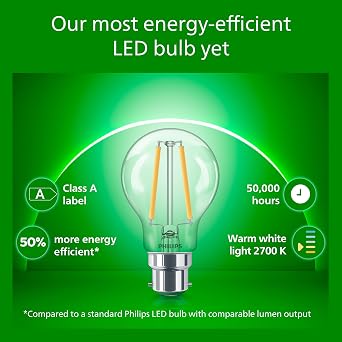 Philips Ultra Efficient - Ultra energy saving lights, LED light source, 40W, A60, B22 Warm White 2700 kelvin clear [Energy Class A]