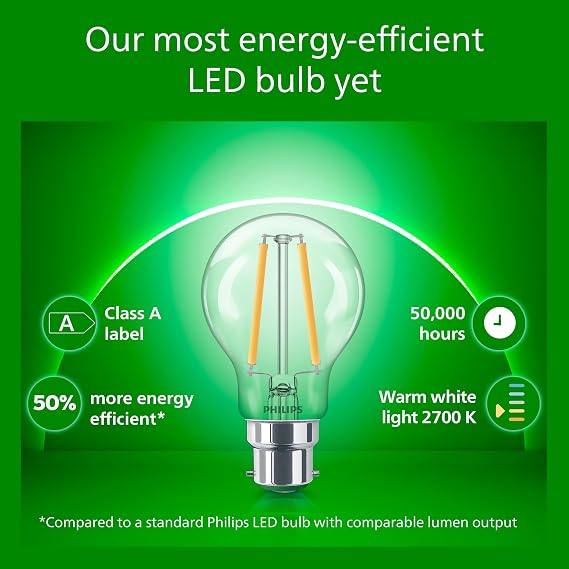 Philips Ultra Efficient - Ultra energy saving lights, LED light source, 40W, A60, B22 Warm White 2700 kelvin clear [Energy Class A]
