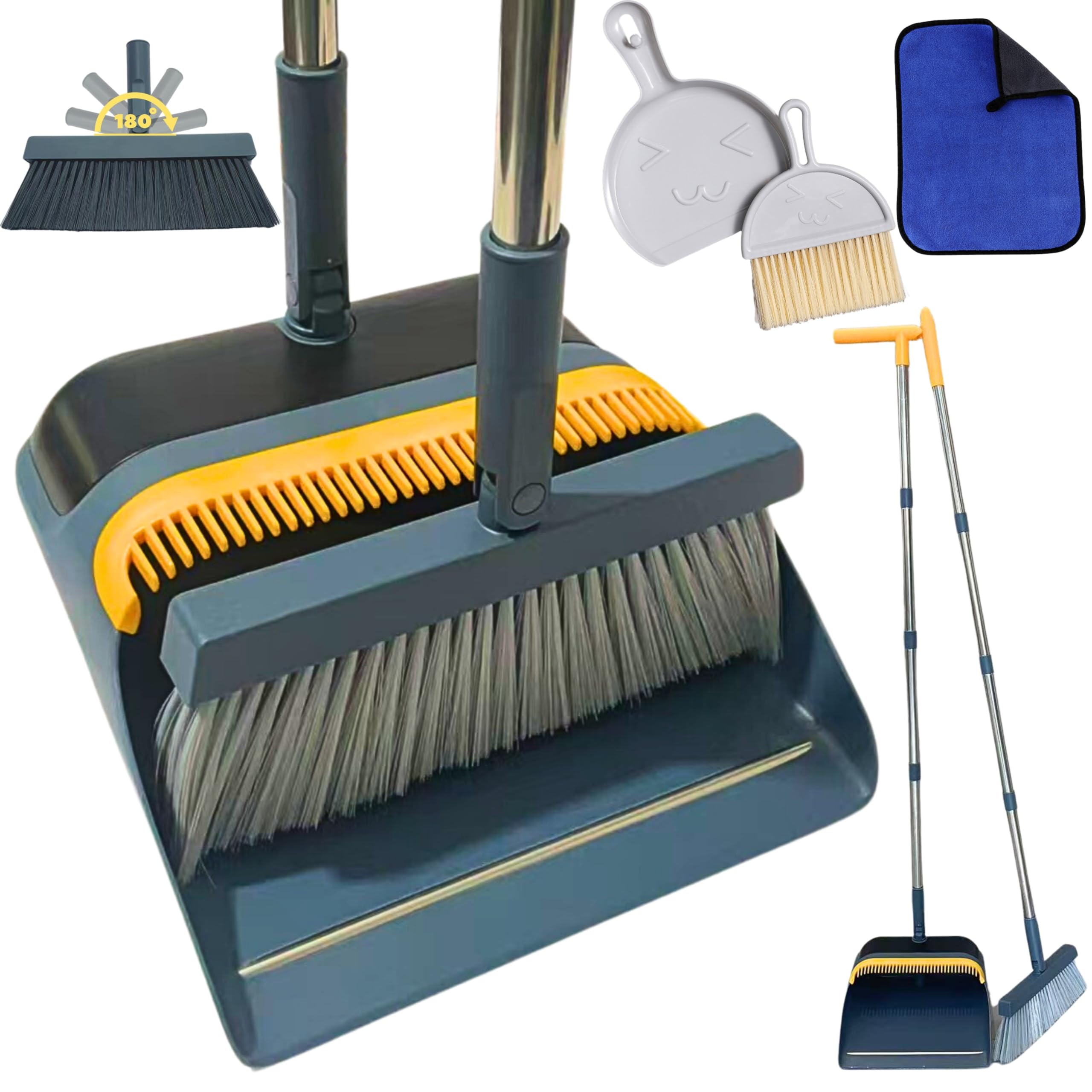 FLOORINGTON Dustpan and Brush Sets Long Broom Long Handled Dustpan & Brush Set Sweeping Brush Household Dust Pan with Soft Brush for Indoor Free Mini Dustpan Brush Set & Cleaning Cloth (GREY & YELLOW)
