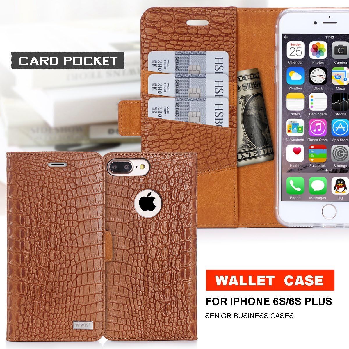 iPhone 8 Plus Case,iPhone 7 Plus Case, WWW [Crocodile Pattern] RFID-Resisting Premium PU Leather Wallet Case Flip Phone Case Cover with Card Slots foriPhone 7 Plus/8 Plus Brown