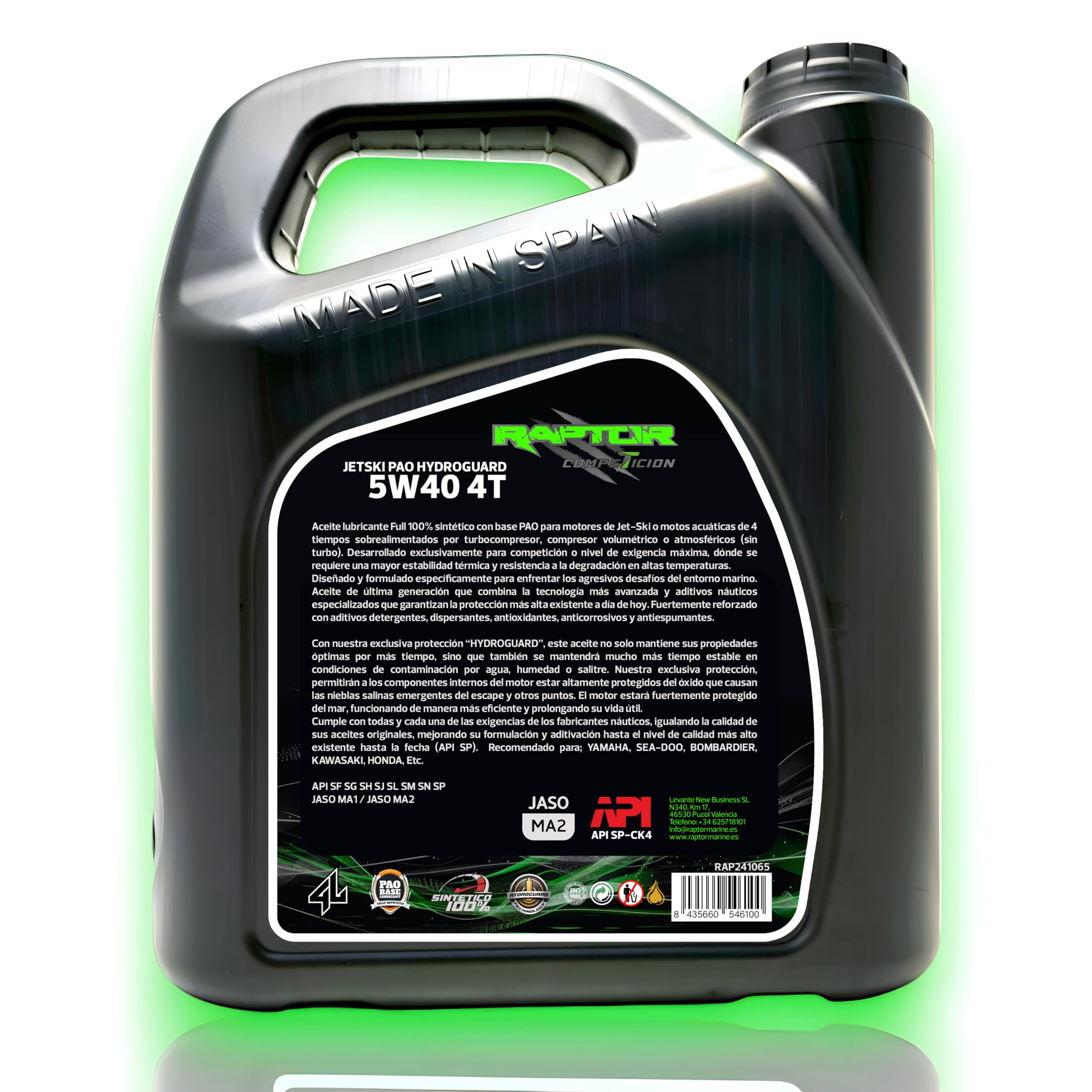 Raptor Marine - Aceite Jet Ski 5W40 PAO 100% Sintético Hydroguard | 4L | Moto de Agua PWC 4T | Alta Temperatura | Anticorrosión | API SP, JASO MA2