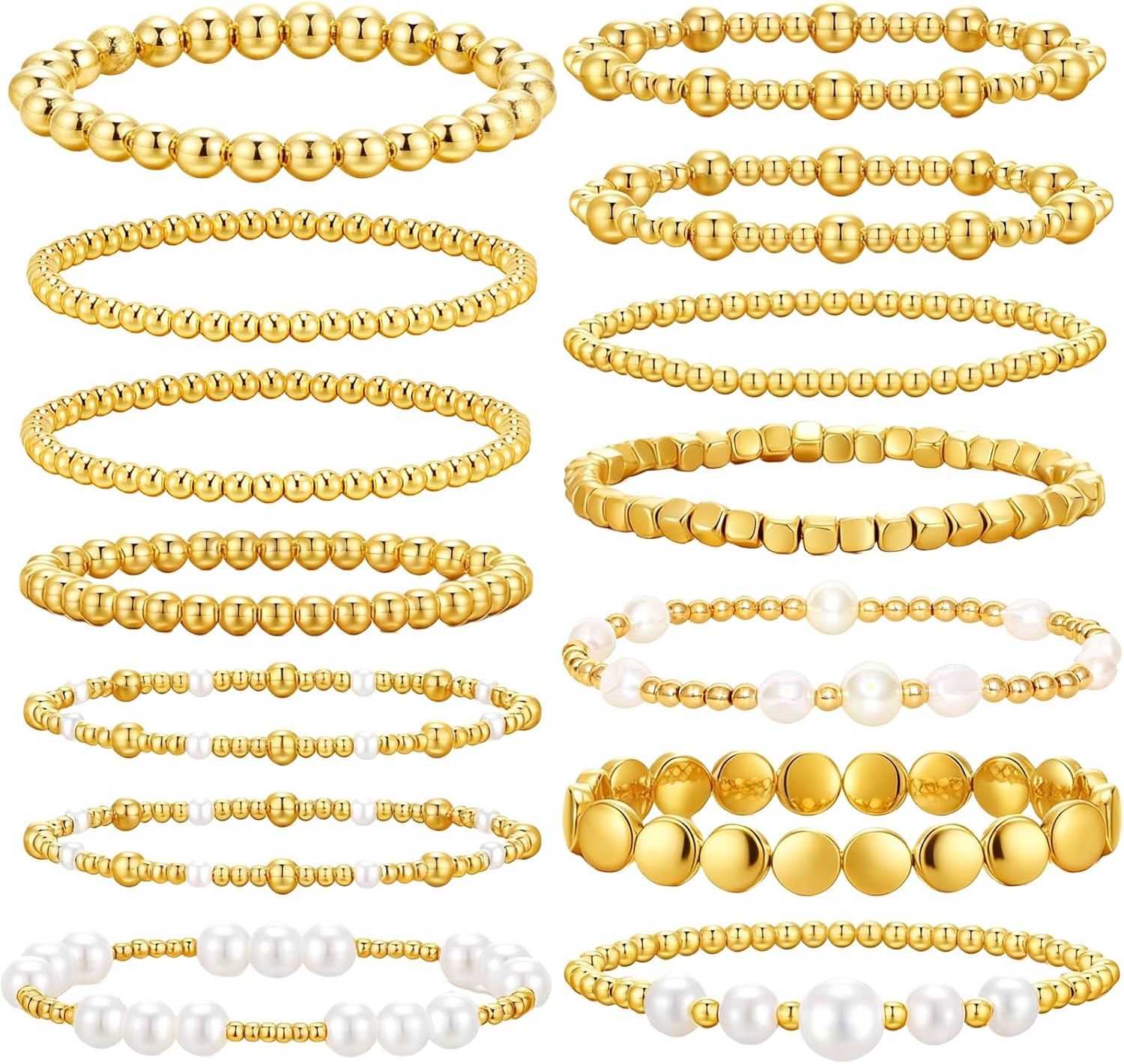 14Pcs Gold Bracelets for Women Gold Bracelet Stack Pearl Beaded Bracelets Stretchable Elastic Bead Ball Fashion Accessories Jewelry Gifts