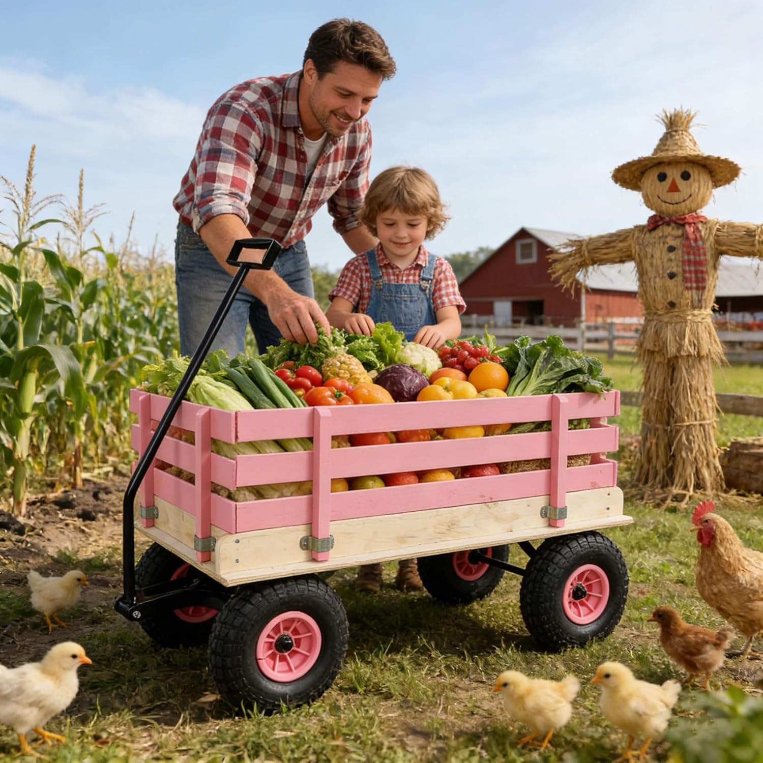 Pink Wooden Kids Pull Wagon with All-Terrain Wheels, Heavy Duty Outdoor Garden Cart for Toddlers, Portable Toy Wagon for Beach, Camping & Backyard Play