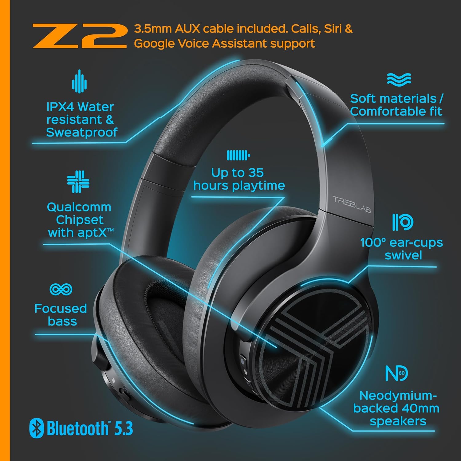TREBLAB Z2 Active Noise Cancelling Headphones Experience the benefits of Noise Cancelling for a distraction-free listening experience.