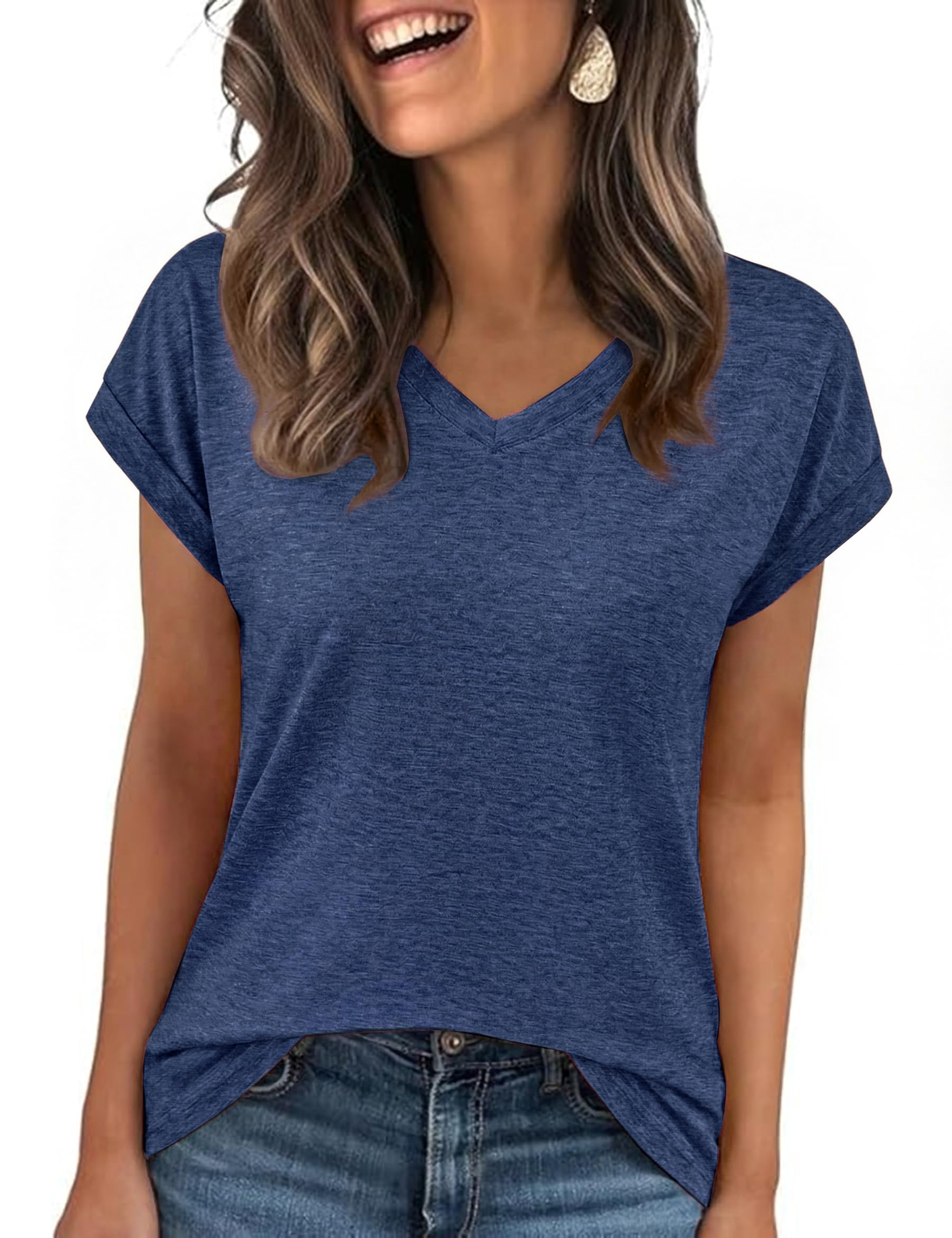 Demegimi Tshirt Damen Sommer Kurzarm V-Ausschnitt Basic Oberteile Locker Elegant Bluse Sommer Casual Shirt für Damen Top