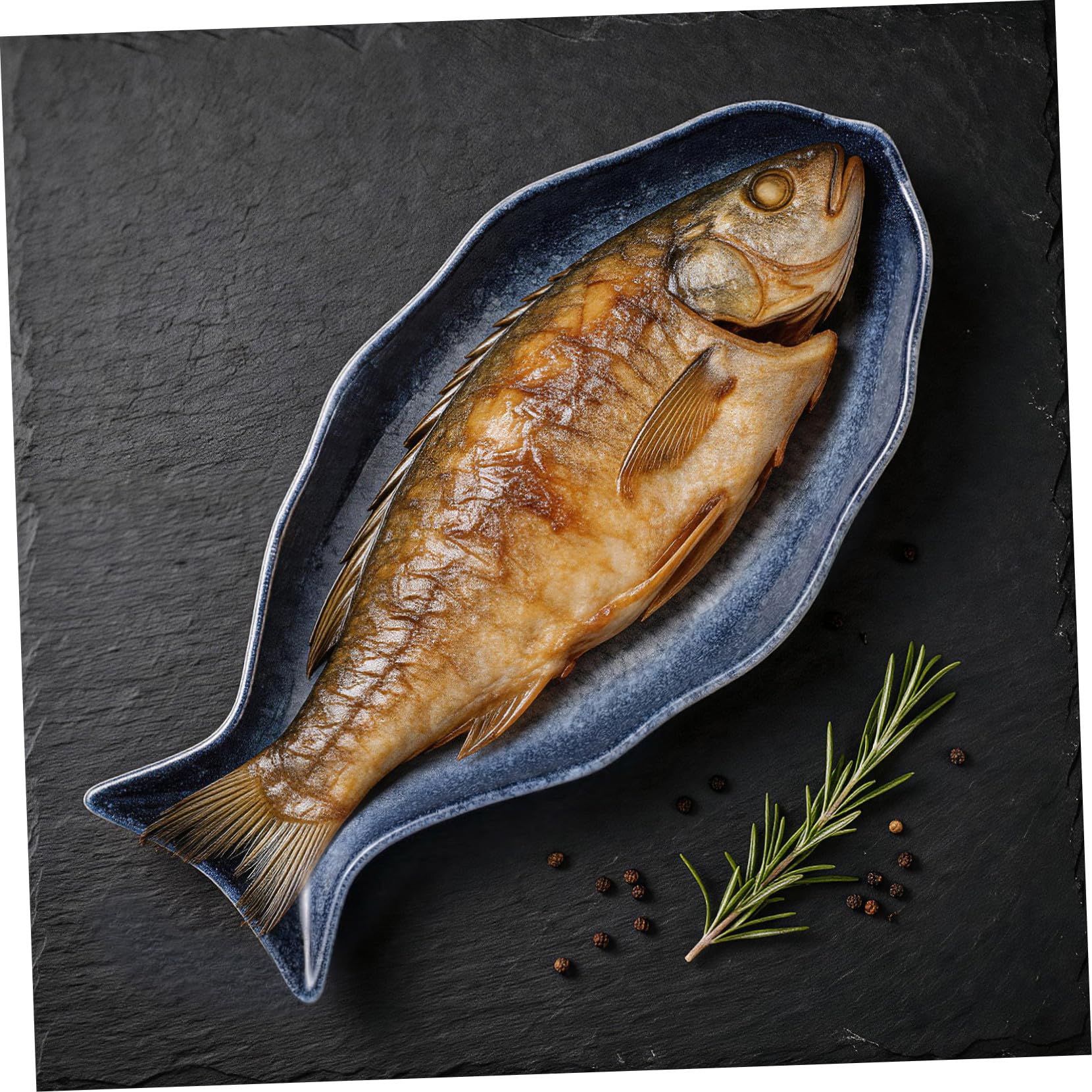 Plato de Cerámica Forma de Pescado para Servir Mariscos y Aperitivos, Diseño Elegante Azul, Adecuado para Mesa Festiva y Obsequio de Inauguración