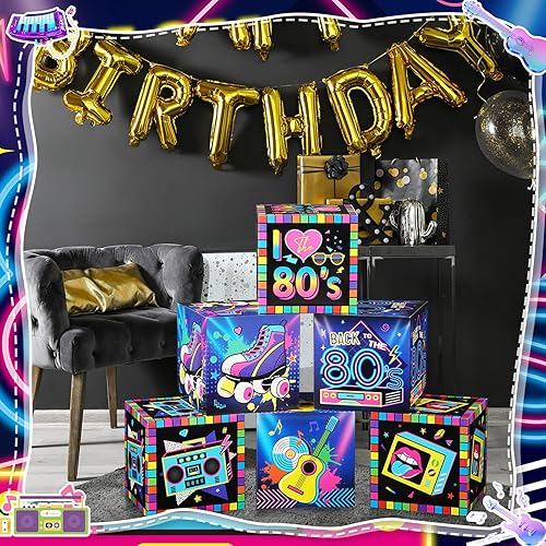 Miniatura 6 de 6 cajas grandes de decoración de fiesta de los años 80, caja de cartón temática de los años 80 de 12 pulgadas, cajas de fondo para decoraciones de