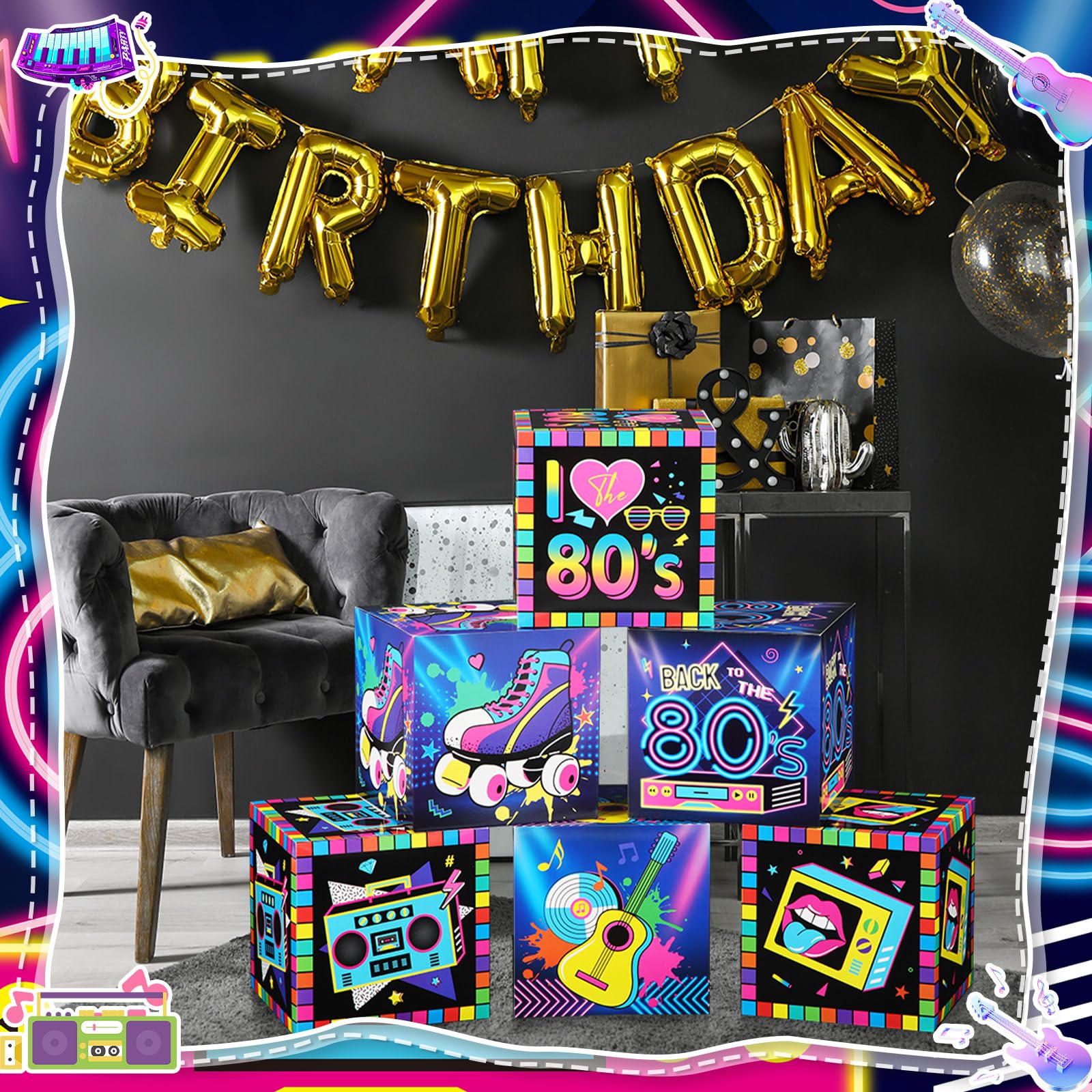 Kolldenn 6 cajas grandes de decoración de fiesta de los años 80, caja de cartón temática de los años 80 de 12 pulgadas, telón de fondo, decoración de fiesta de los 80, cajas de accesorios para