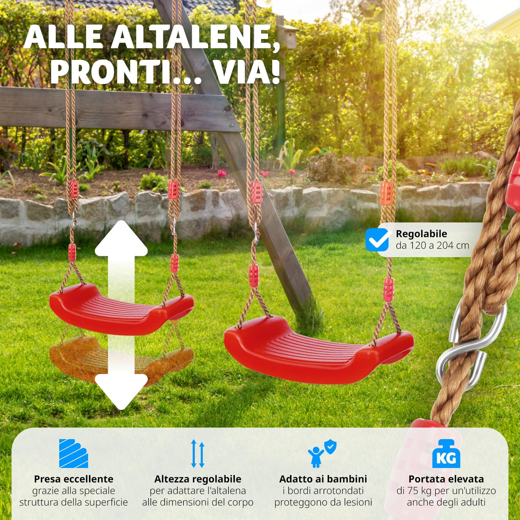 tectake® Altalena da Giardino per Bambini, Altalena da Giardino per Adulti, Ergonomica, Antiscivolo, Altalena a Dondolo da Esterno Regolabile in Altezza, Resistente alle Intemperie - Rosso