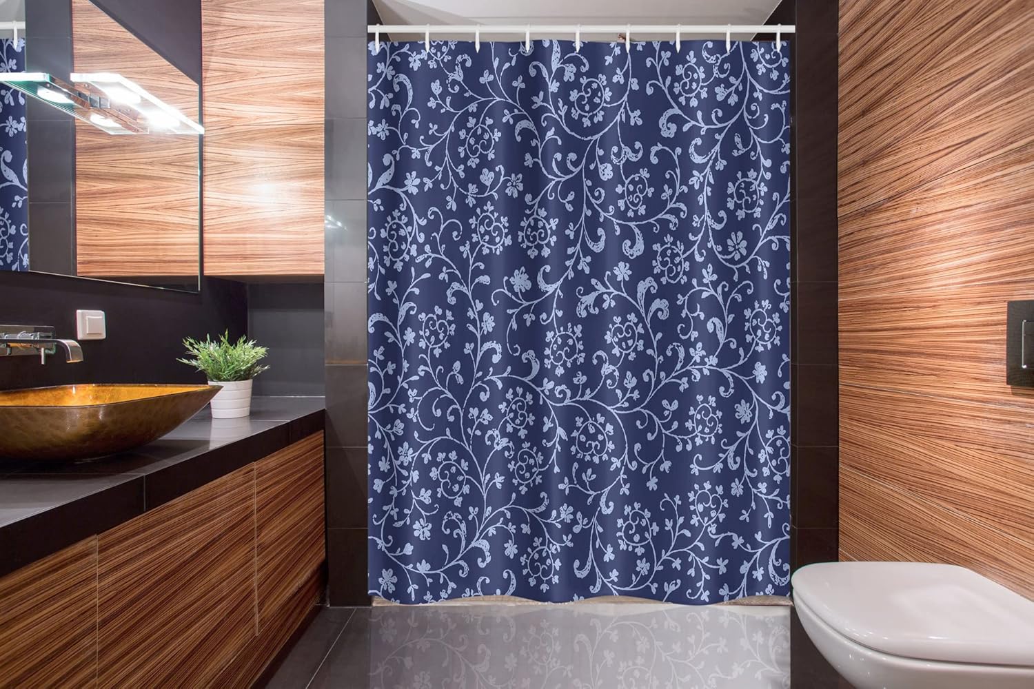 Ambesonne Floral Stall Shower Curtain, Victorian Baroque Style Classic Swirled Flowers with Damask Effects Pattern, Fabric Bathroom Decor Set with Hooks, 54" W x 78" L, Blue Indigo
