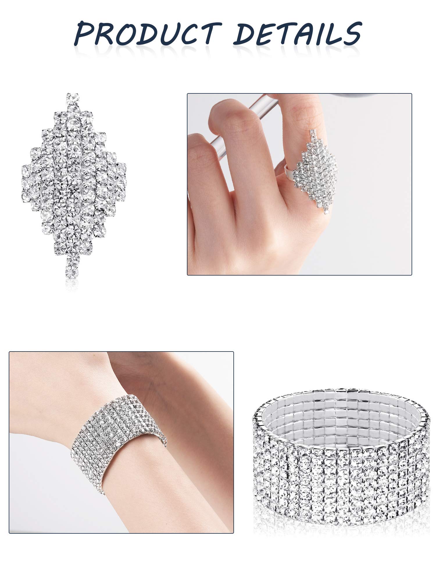 Hicarer 3 Pieces Women Rhinestone Jewelry Set Rhinestone Choker Bracelet Bangle Crystal Necklace Ring Earrings for Wedding