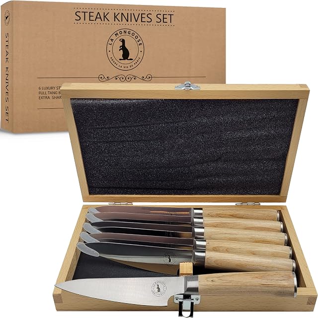 Steak Cutlery Set in Gift Box - 6 Full-Tang High Carbon Stainless Steel Non-Serrated Utensils - Classic Olivewood Style Ergonomic Pakkawood Handles in Luxury Beech Wood Case