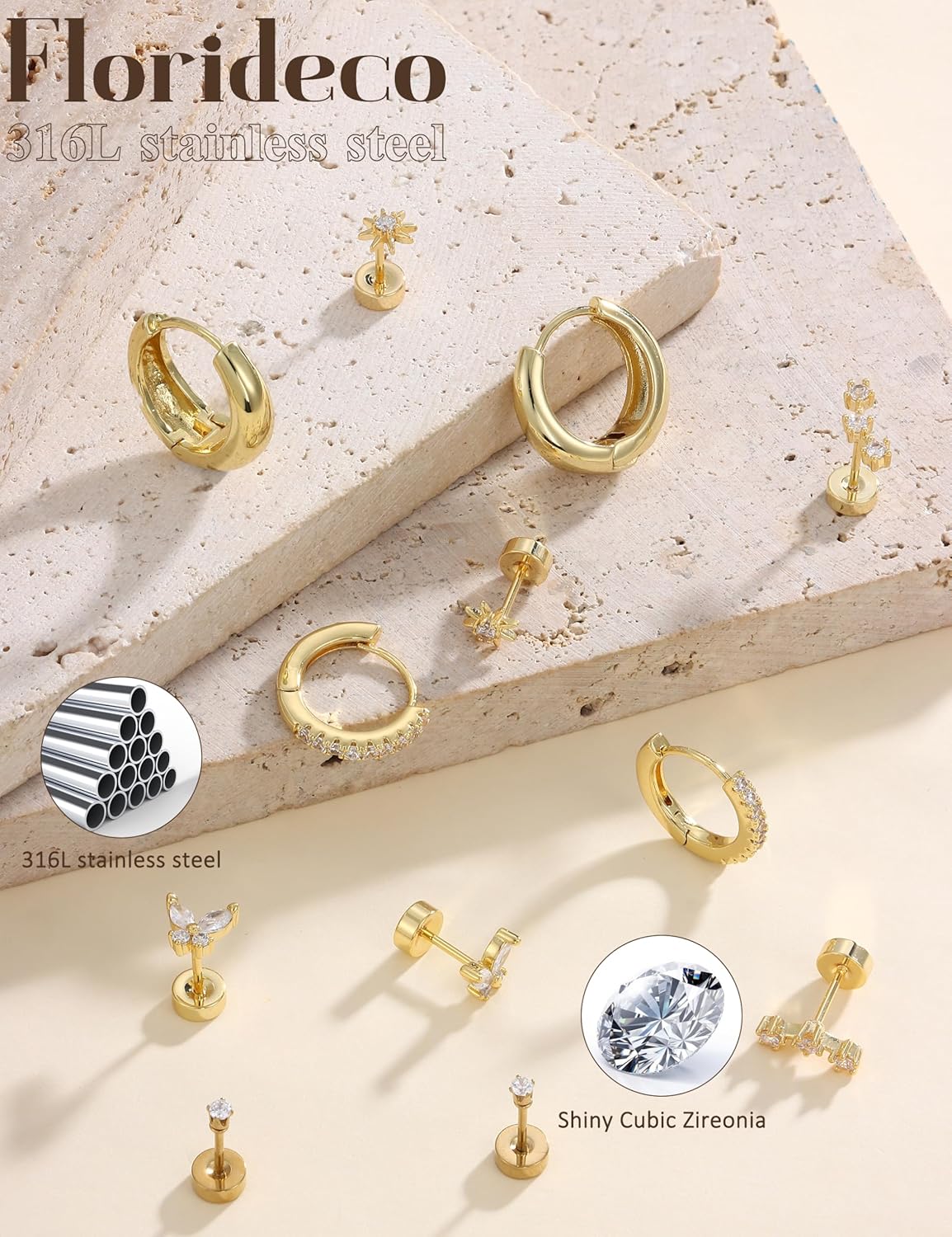 Florideco Hypoallergenic Flat Back Earrings for Women Trendy Surgical Steel Earrings for Sensitive Ears 14K Gold Plated Cartilage Earring Stacks FlatBack Stud Earring Set for Multiple Piercing - Image 6