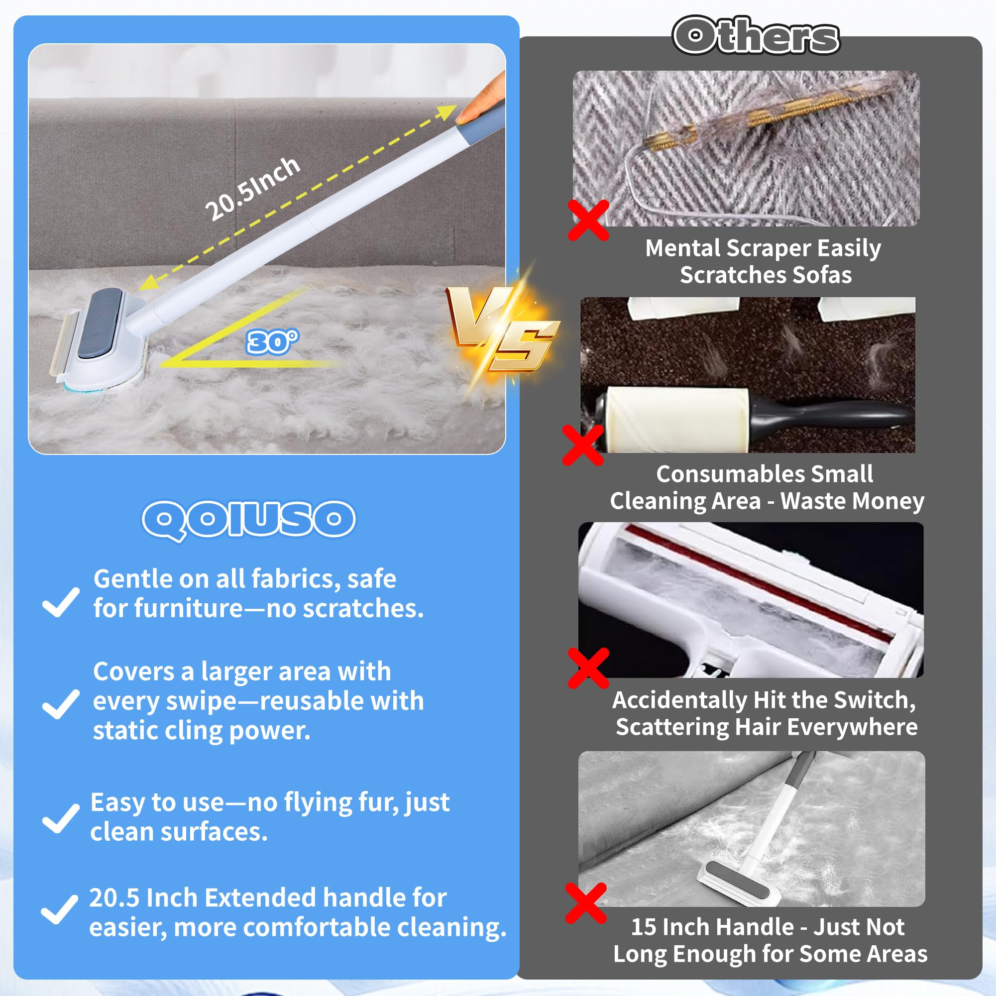 Pet Hair Remover for Furniture – 23.2Inch Reusable Dog & Cat Hair Removal Brush, Washable Lint Cleaner with Long Handle, 4-in-1 Pet Hair Remover for Couch, Carpet, Clothes & Bedding - image 3