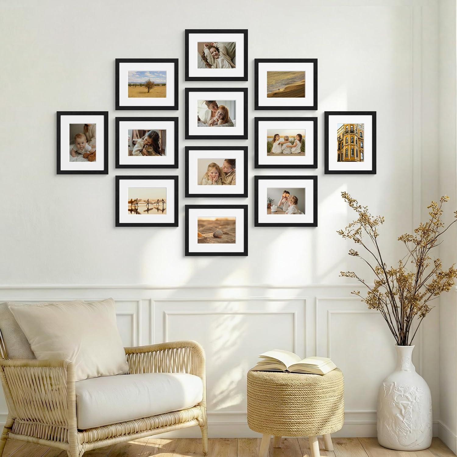 Vittanly 8x10 Picture Frames Set of 12, Display 5x7 Pictures with Mat or 8x10 without Mat, Engineered Wood with Shatter Resistant Plexiglass, Wall or Tabletop Photo Frames, Black