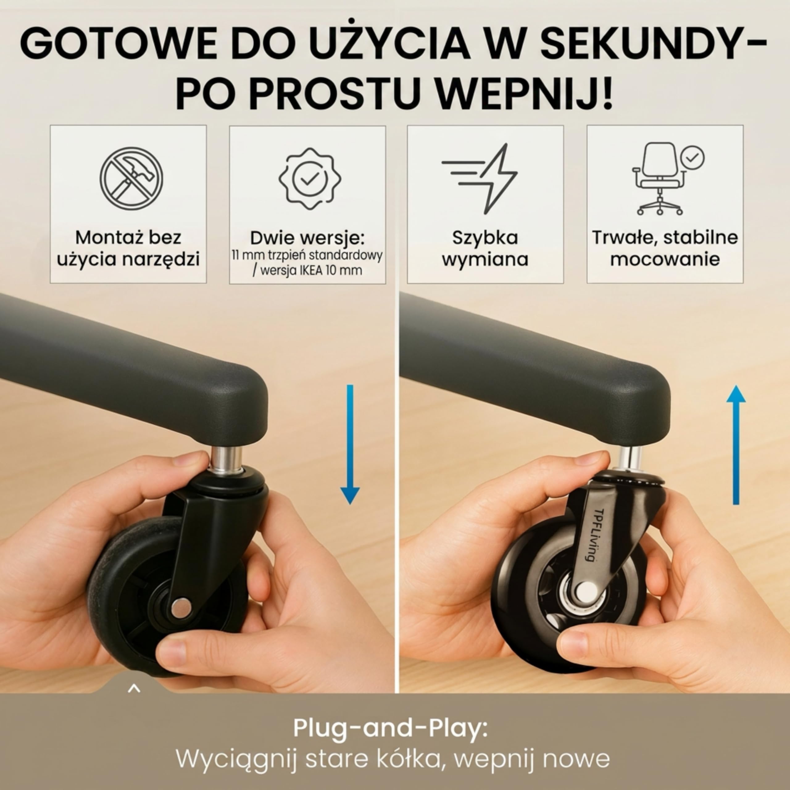 Kółka zamienne do krzesła biurowego, do parkietu, dywanu, twardej podłogi 10x22 mm kompatybilne z IKEA czarne – maks. obciążenie 400 kg – Invictus ProGlide zestaw 5 kółek