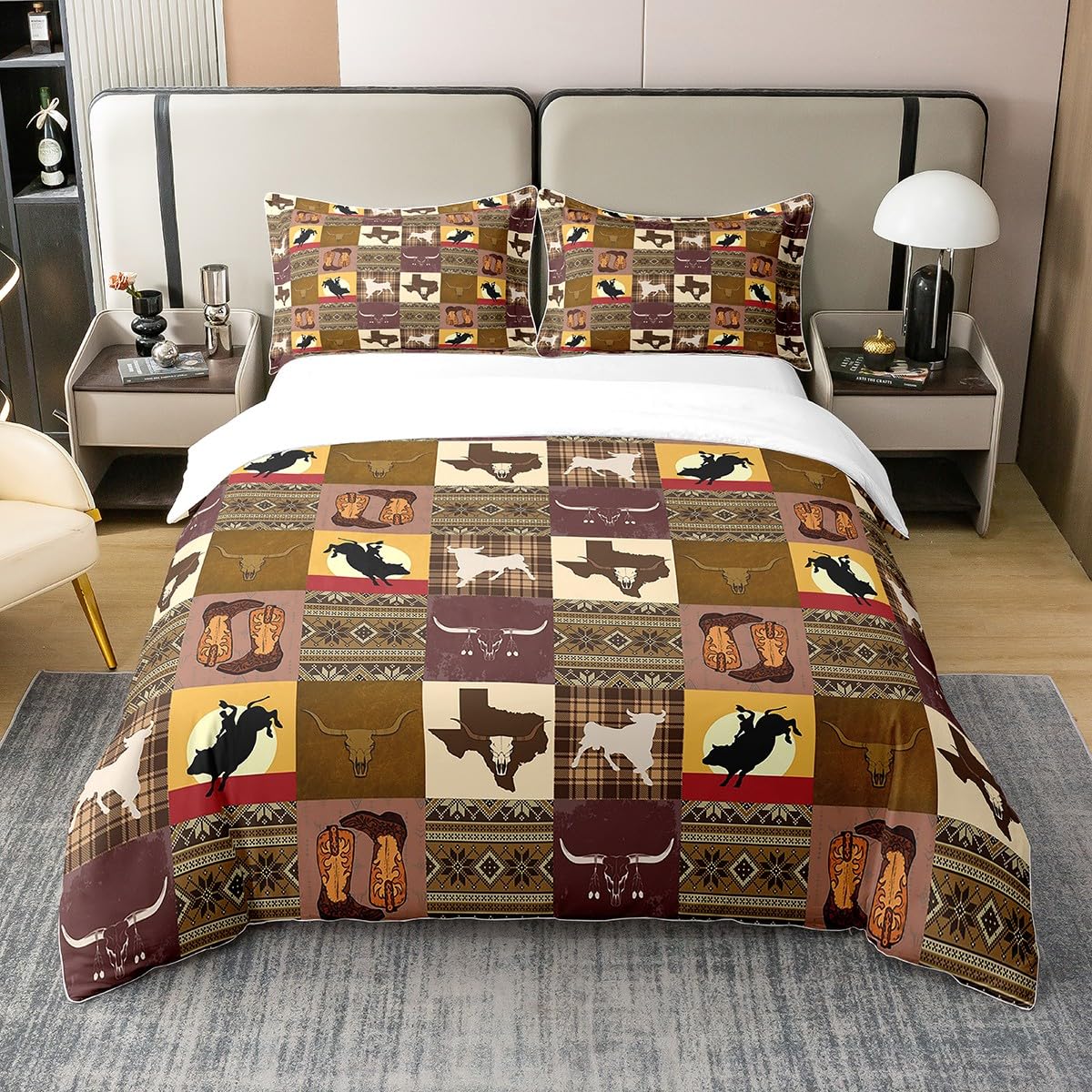 Set di biancheria da letto in pelle bovina occidentale con stampa di teschio di mucca delle Highland, per ragazzi e uomini, copripiumino bohémien, stile tribale, esotico, bohémien, marrone
