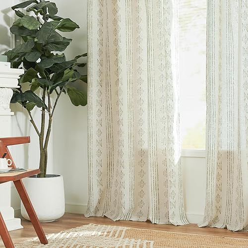 Miniatura 8 de Vangao Cortinas bohemias con rayas verdes, 63 pulgadas de largo, cortinas geométricas de lino para sala de estar, tratamiento de ventanas, 2 paneles