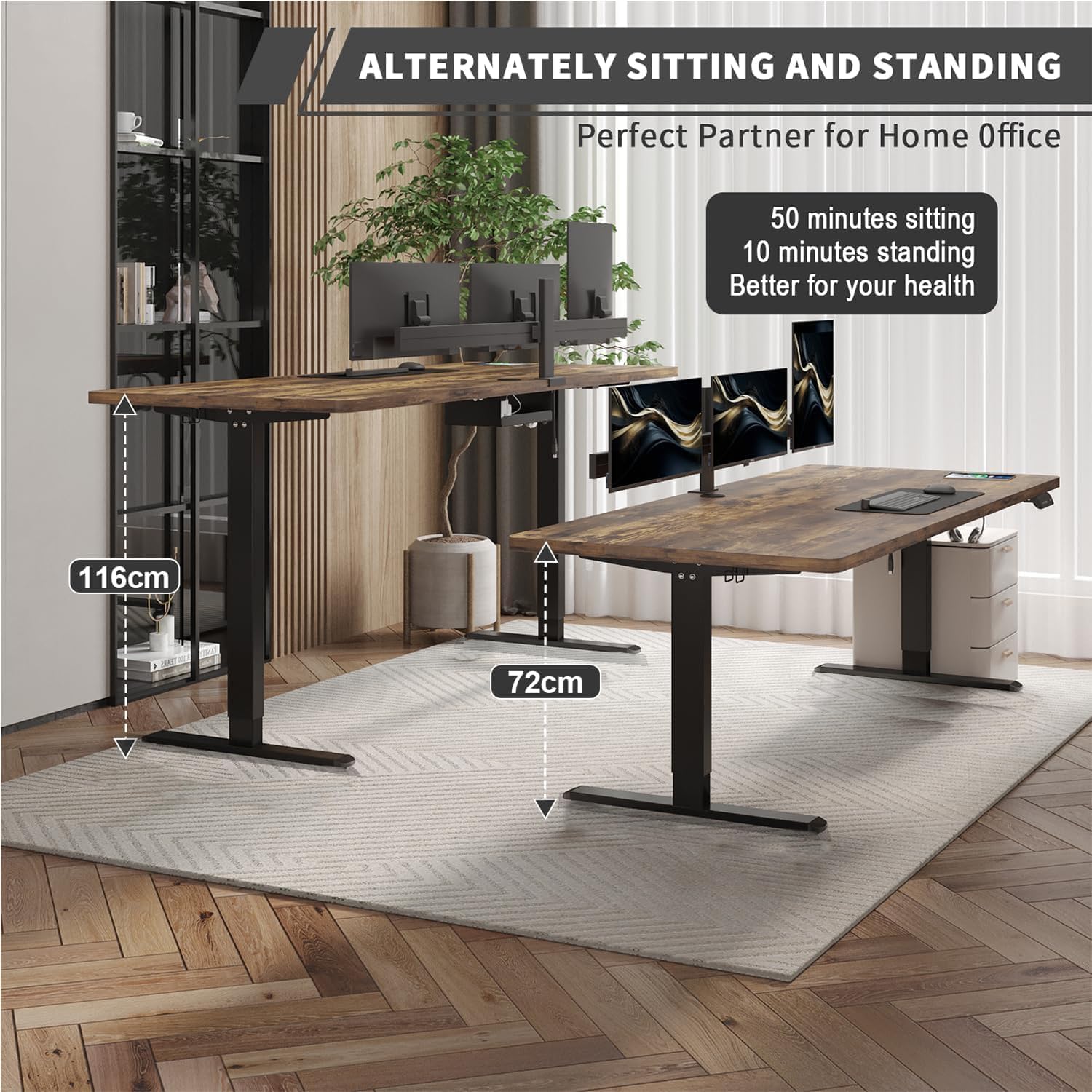 JUMMICO Höhenverstellbarer Schreibtisch 200 x 80 cm mit Kabelwanne, Höhenverstellbar Elektrisch Stehpult mit USB-Buchse, Computertisch, Ergonomischer Steh-Sitz Tisch, Bürotisch, Vintage-Braun