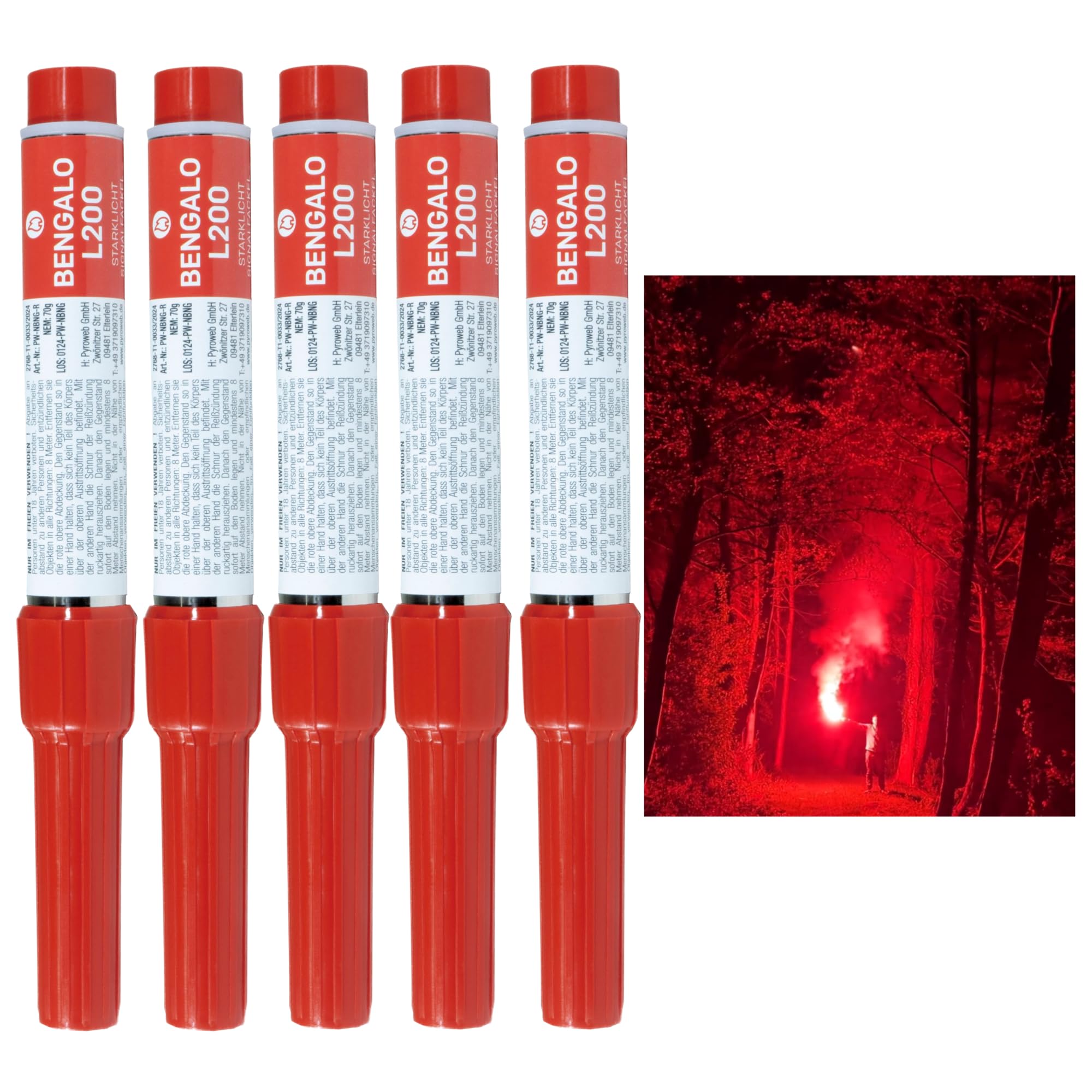 5 Bengalos L200 mit Reisszündung Signalfackel in Rot Gelb Grün Lila Weiß von Pyroweb I Feuerwerk Pyrotechnik der Kategorie 1 (Rot)