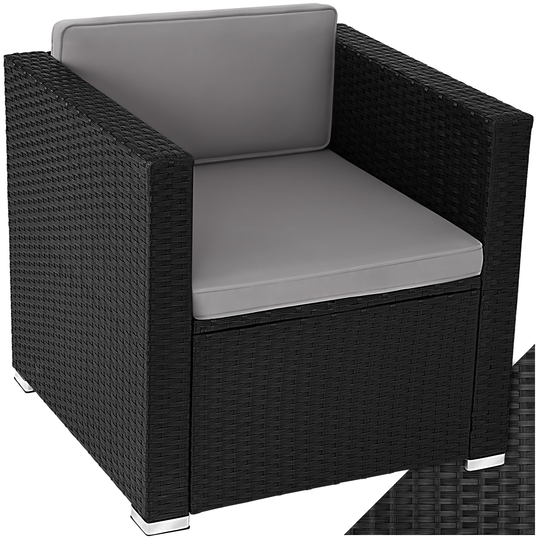 tectake® Sillón de Ratán y Acero con Reposabrazos, Mueble Jardín Exterior Resistente a la Intemperie, Sillón para Conjunto Jardín Exterior, con Cojines, Fundas Extraíbles, Fácil Montaje -negro