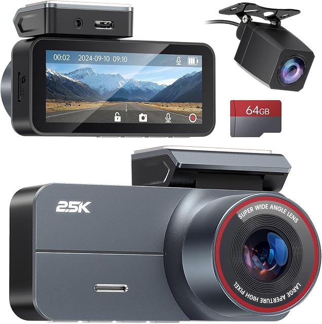 Dash Cam Front and Rear 2.5K QHD, 3.39" Dash Camera for Cars with 64GB Card, 160° and 160° Wide Angle, G-Sensor, 24H, Front Rear Car Camera,Support 256 GB Max