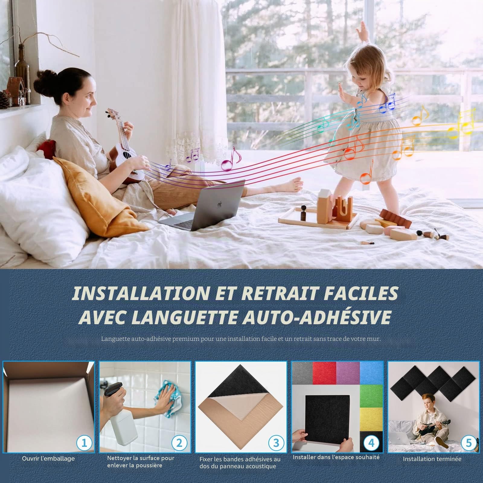 Lot de 12 plaques acoustiques carrées autocollantes - Isolation acoustique haute densité - Pour mur, plafond, bois et porte - Panneau acoustique - Plaque acoustique - 30 x 30 x 0,9 cm - Noir