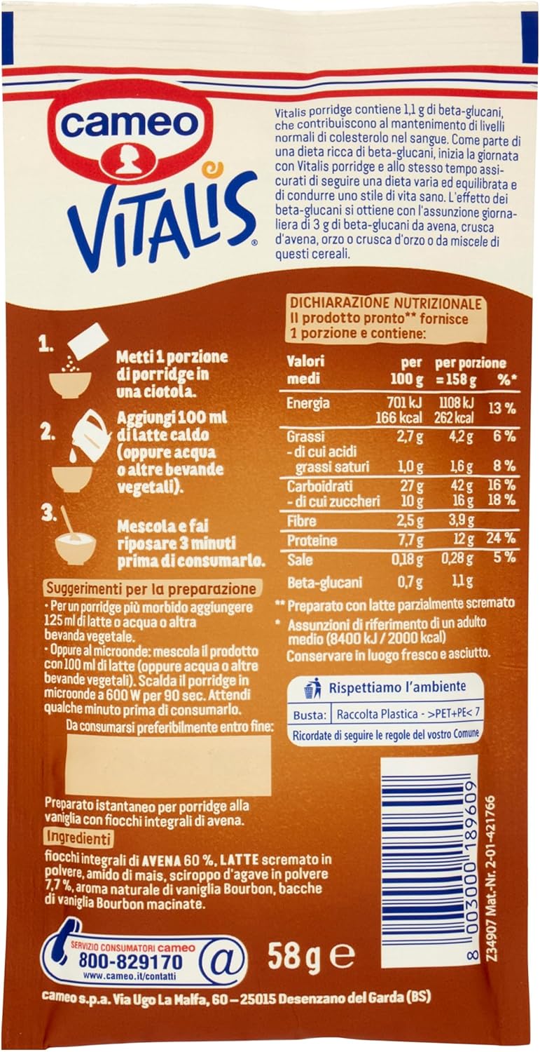 Cameo Vitalis Porridge Gusto Classico con Fiocchi Integrali di Avena e Delicata Vaniglia Bourbon, Preparato Istantaneo, Porridge Pronto in 3 Minuti, Fonte di Proteine, Busta Monoporzione 58 g - Immagine 4