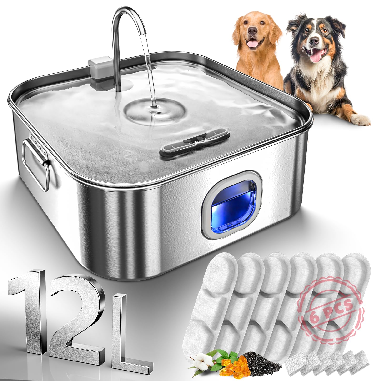 Dog Water Fountain Stainless Steel, 410oz/3.2Gal/12L Large Pet Water Fountain for Large Dog, Dog Water Bowl Dispenser with Water Level Window & LED