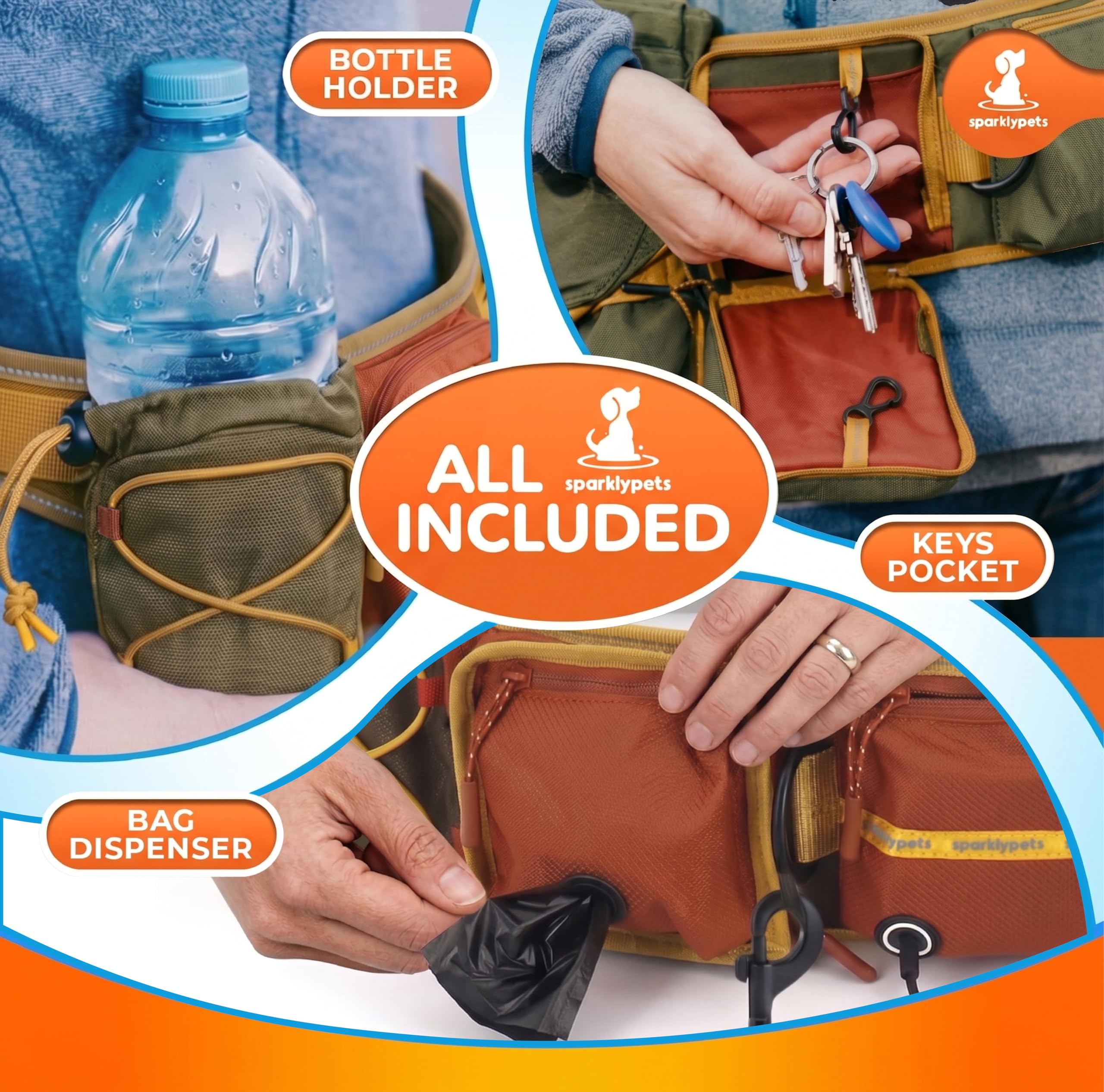SparklyPets Correa elástica doble para perro con soporte trasero, correa doble para perros para razas medianas y grandes, riñonera para correr con bolsillos para teléfono, residuos, golosinas y