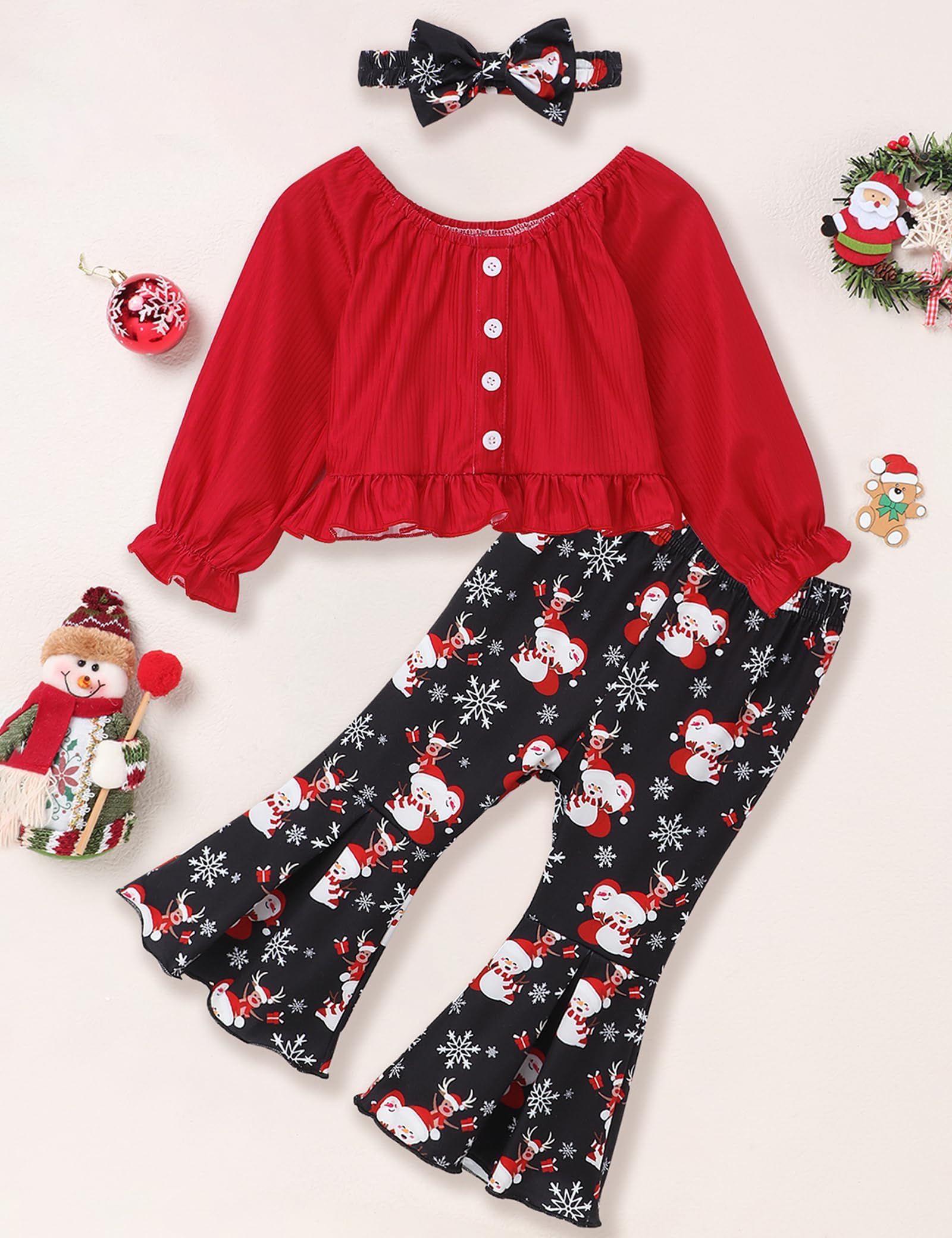 Perdeca Toddler Girl Christmas Outfits Long Sleeve Ruffle Top Santa Print Baby Girl Bell-Bottom Pants Christmas Outfit Girl
