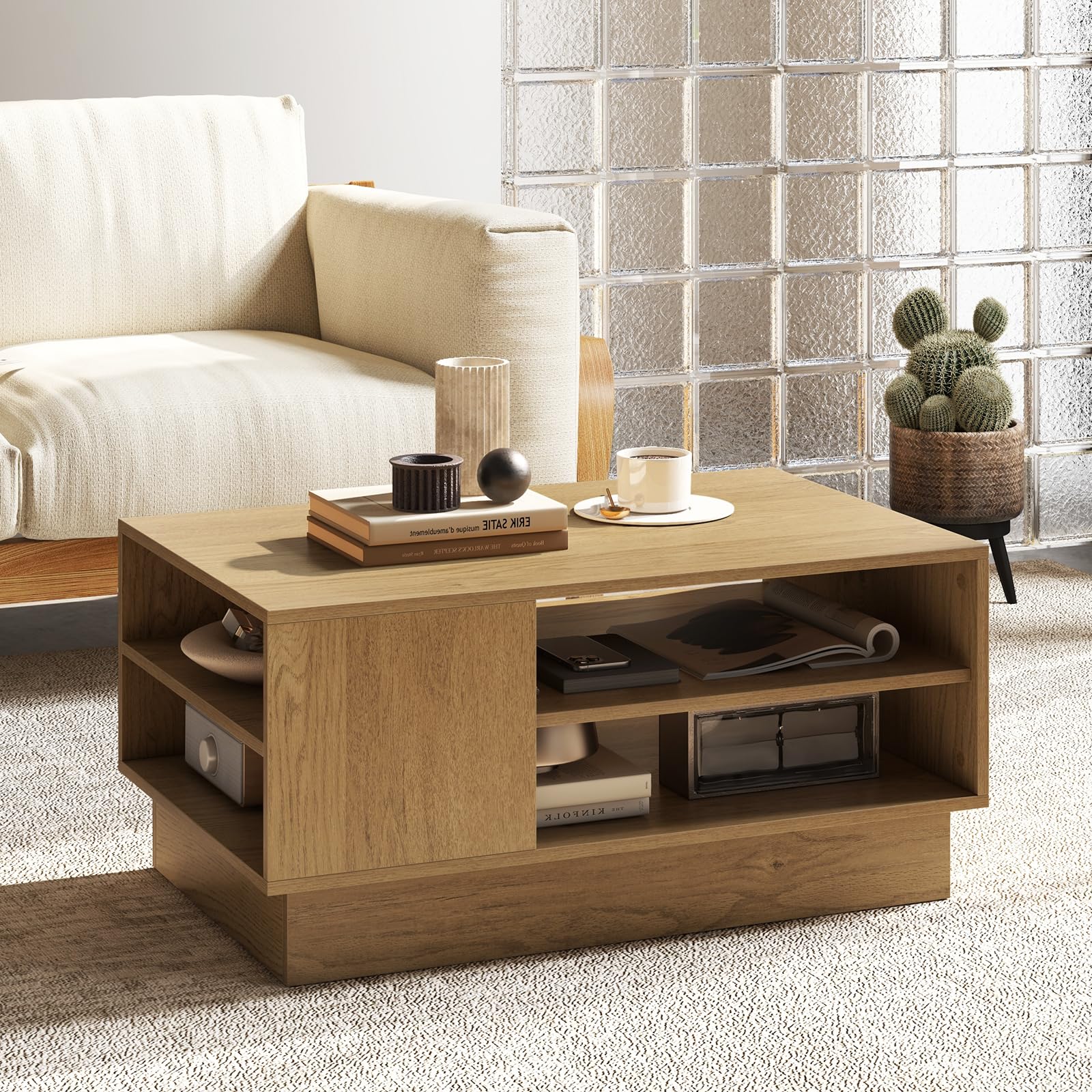 COSTWAY Mesa de Centro Moderna, Mesa Rectangular con 2 Estantes Abiertos, Mesa Auxiliar para Salon, Sala de Recepción, Sala de Espera, 86 x 56 x 41 cm (Natural)
