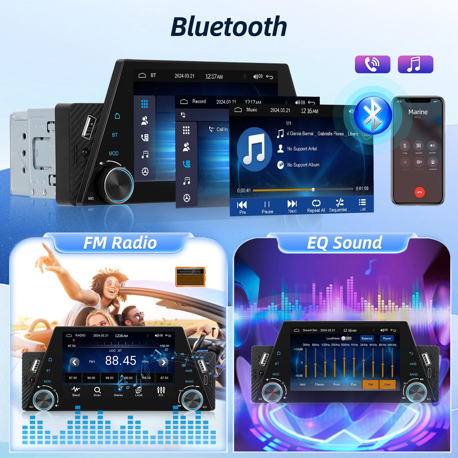 1 Din Radio with Wireless Carplay and Android Auto - 5 Inch HD