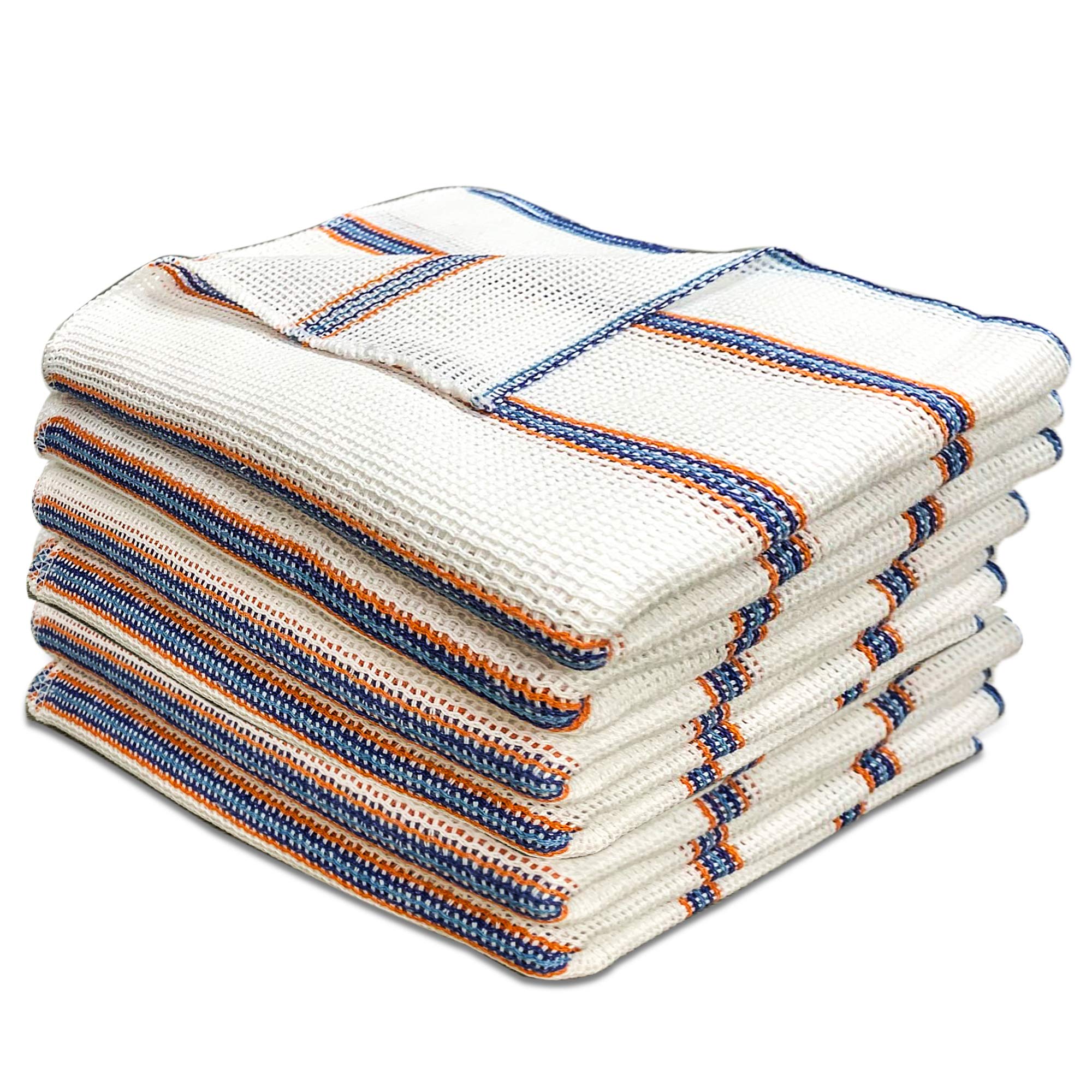 Towelogy® 5 Pack Cotton Dish Cloths Waffle Weave White Super Absorbent LINT FREE QUICK DRY Striped Kitchen Tea Towels Dishcloths for Washing Up Machine Washable 35x40cm (White Blue/Orange Stripes)