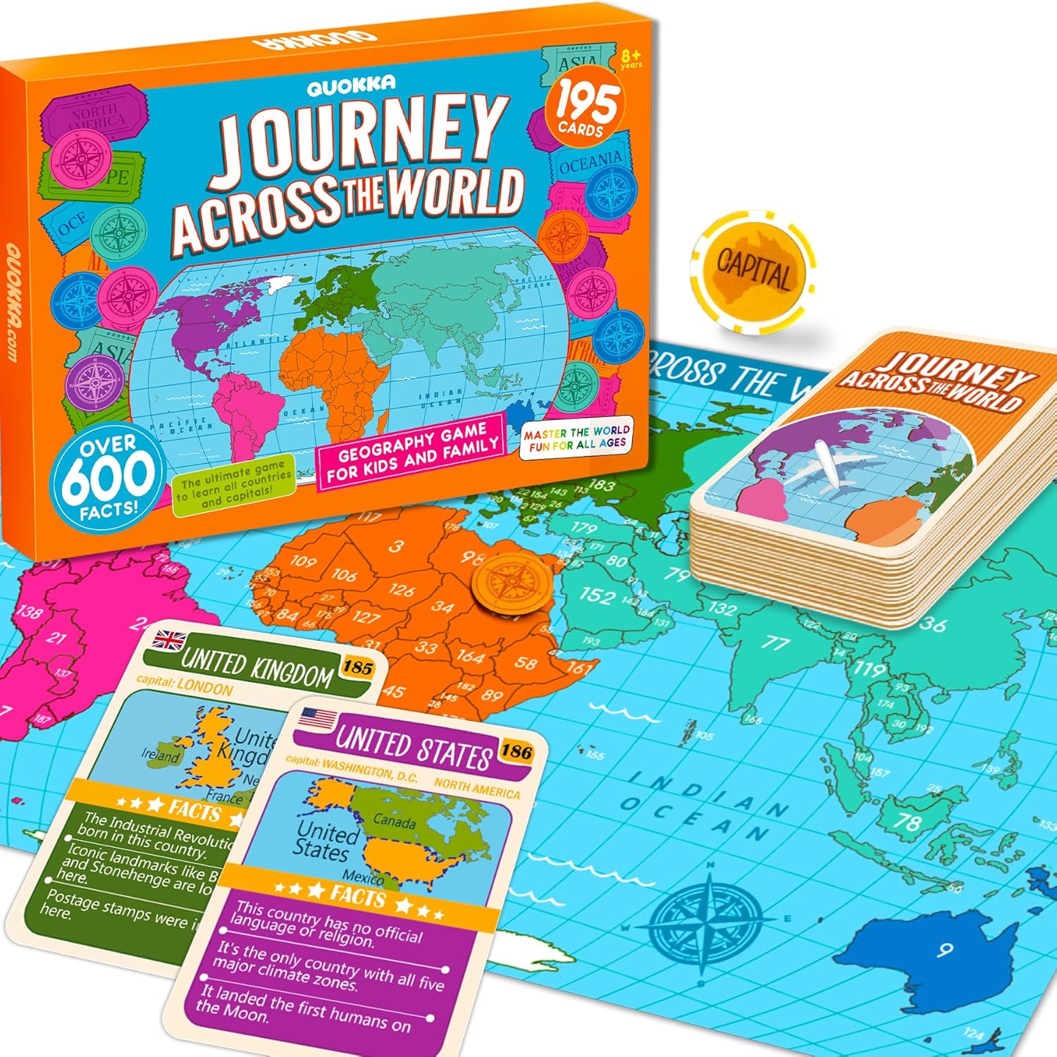 QUOKKA Board Games for Kids 8-12 - Family Games for Kids and Adults - Journey Across the World Card Game Ages 5-9 - Learn Capitals, Flags, Facts, and Map Locations with 195 World Map Cards