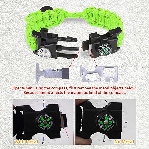 Miniatura 8 de Pulsera de cuerda de paracaídas de supervivencia ajustable, paquete de 2 kits de inicio de fuego de emergencia con silbato fuerte, brújula, luz de