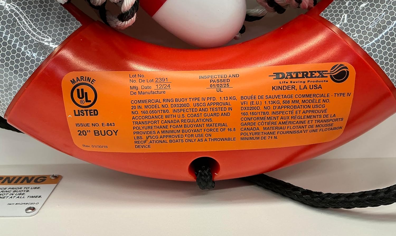 Safety Station Cabinet Equipped with 20 Inch USCG Life Ring Buoy and Throw Line - Orange