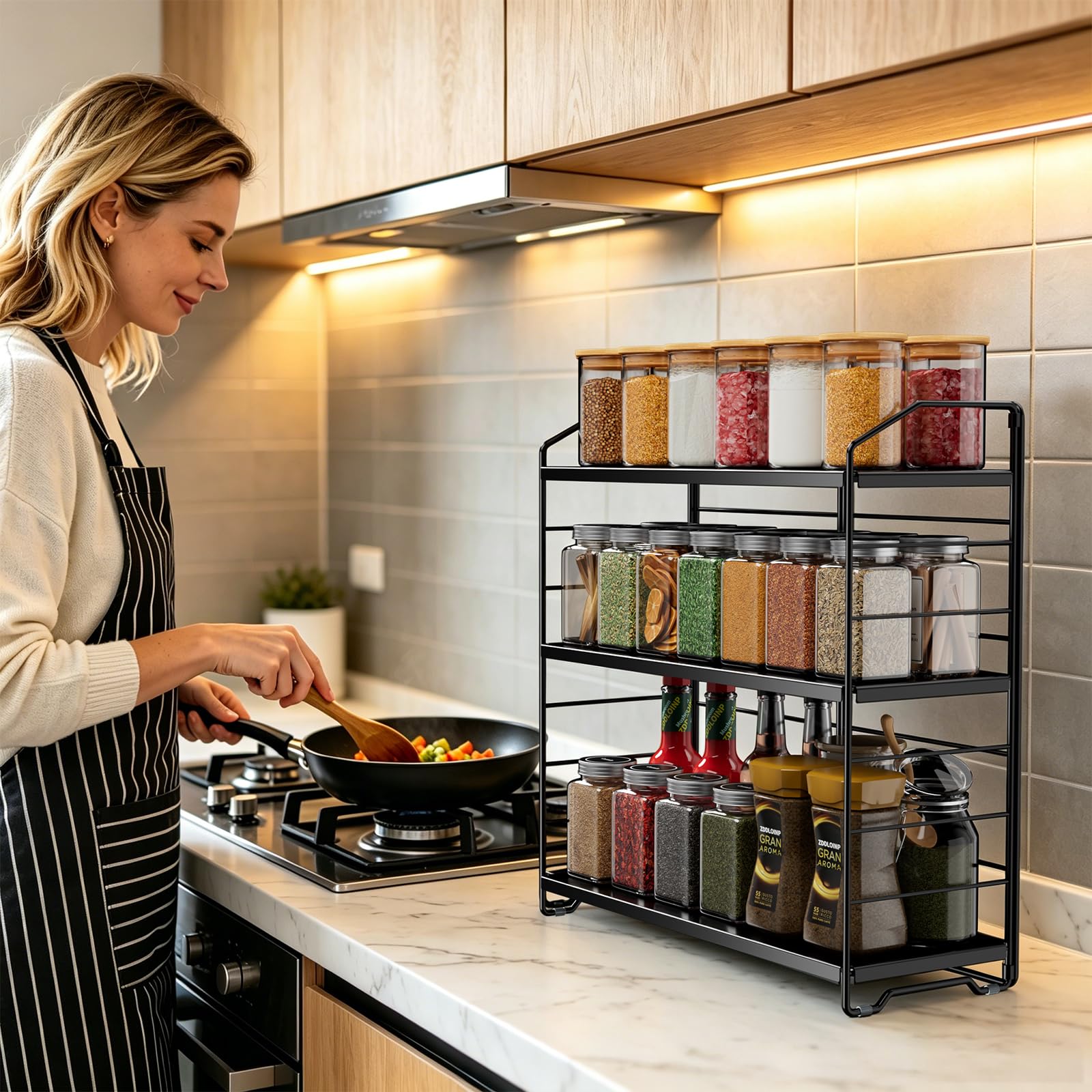 Estante de especias de 3 niveles, organizador de especias independiente, estante de especias de altura ajustable, estante de almacenamiento de condimentos de metal para encimera de cocina