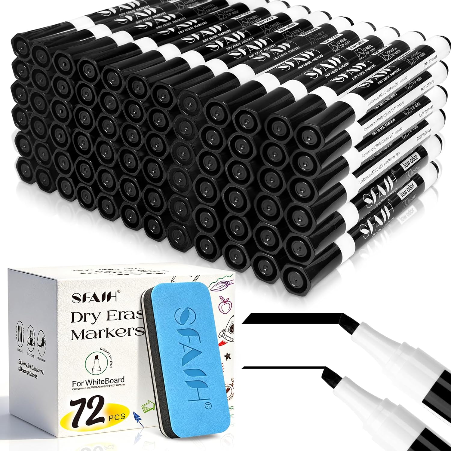 SFAIH Dry Erase Markers Chisel Tip with Magnetic Whiteboard Eraser, 72 Bulk Pack Black White Board Markers for Teachers, Versatile Lines, 1s Quickly Dry, Essential Supplies for Office Teacher