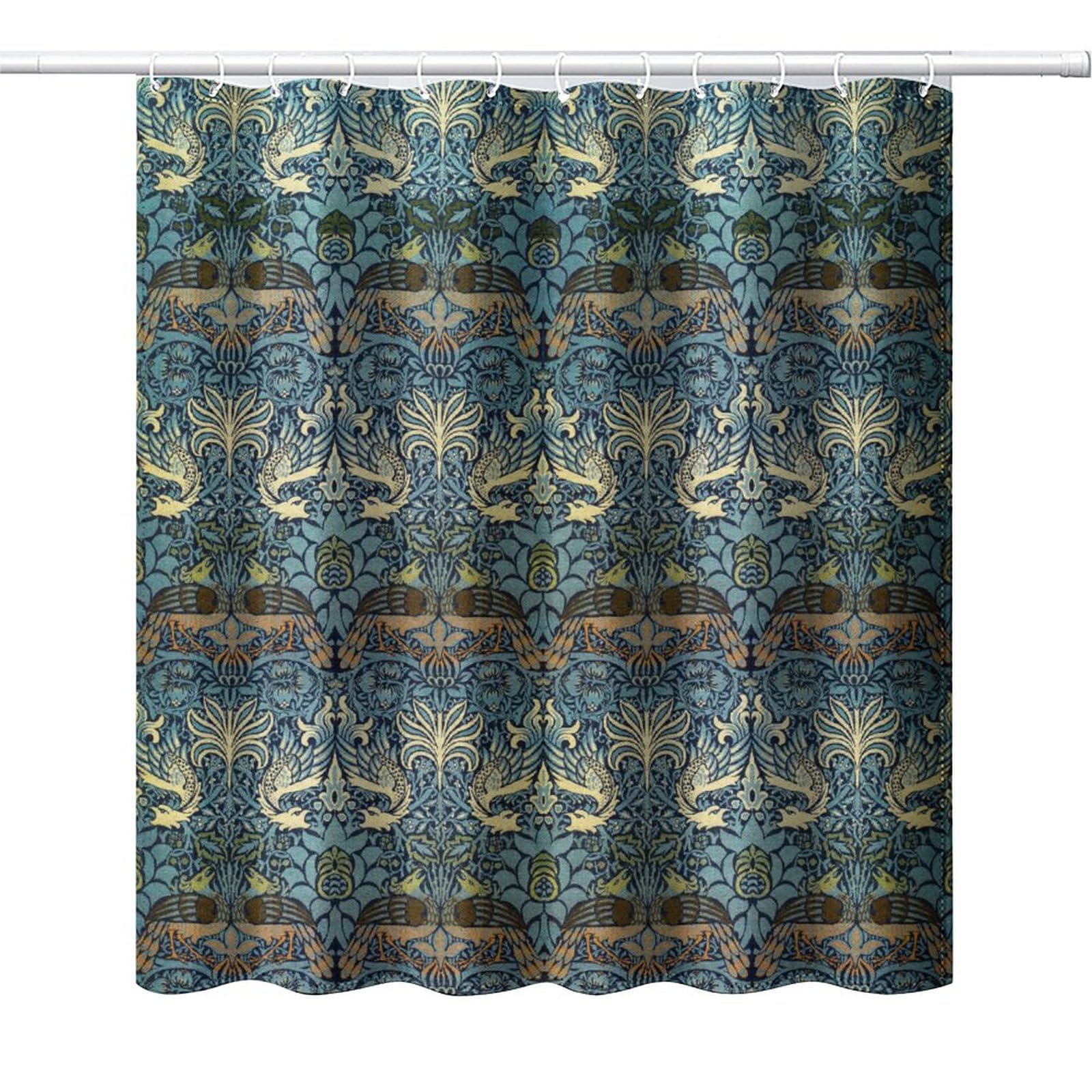 DDCBNS William Morris Floral Shower Curtain,Mid Century Vintage Flower Birds Plant Abstract Art Print Shower Curtain for Bathroom Decor Fabric Waterproof Upholstery Hook 72x78in