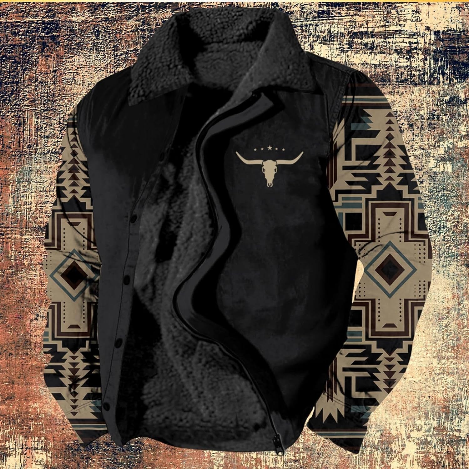 Country Vintage Western Cowboy Aztec Print Graphic Jacket for Men Autumn/Winter Lapel Fleece Zipper Jacket - Image 4