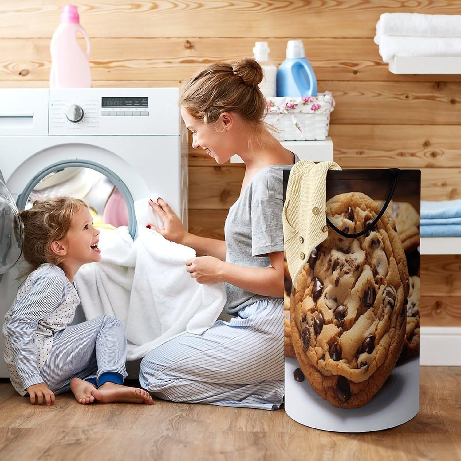 Chocolate Cookie Laundry Basket Large Foldable Laundry Hamper with Handles Freestanding Collapsible Clothes Basket Waterproof Portable Dirty Clothes Hamper for Bathroom 86L