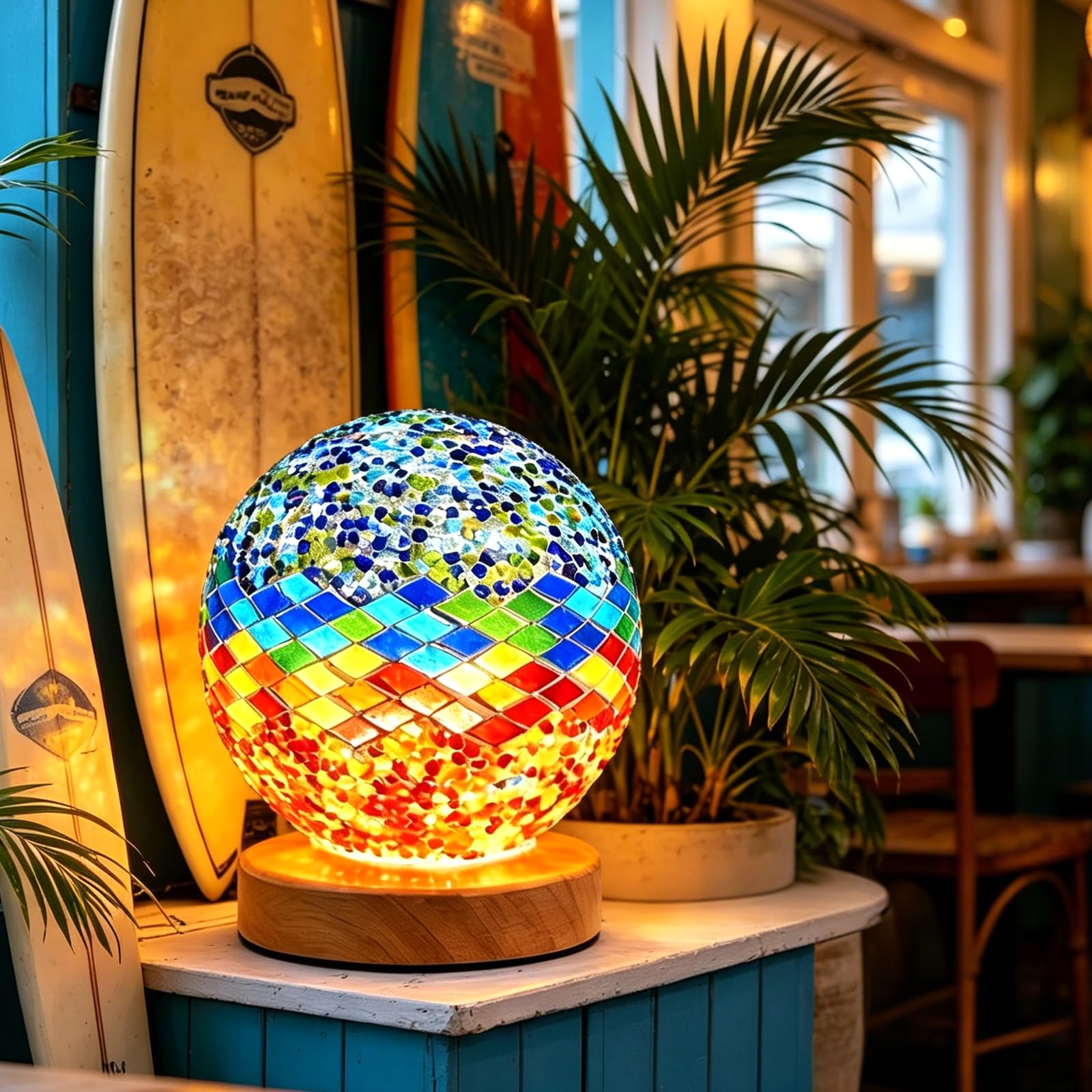 Mediterranean Blue Mosaic Lamp Vintage Retro Stained Turkish Moroccan Bohemian Colorful Handmade Glass with Wood Base USB Power Decor Light for Seaside Restaurant Yoga Meditation Room Living Room