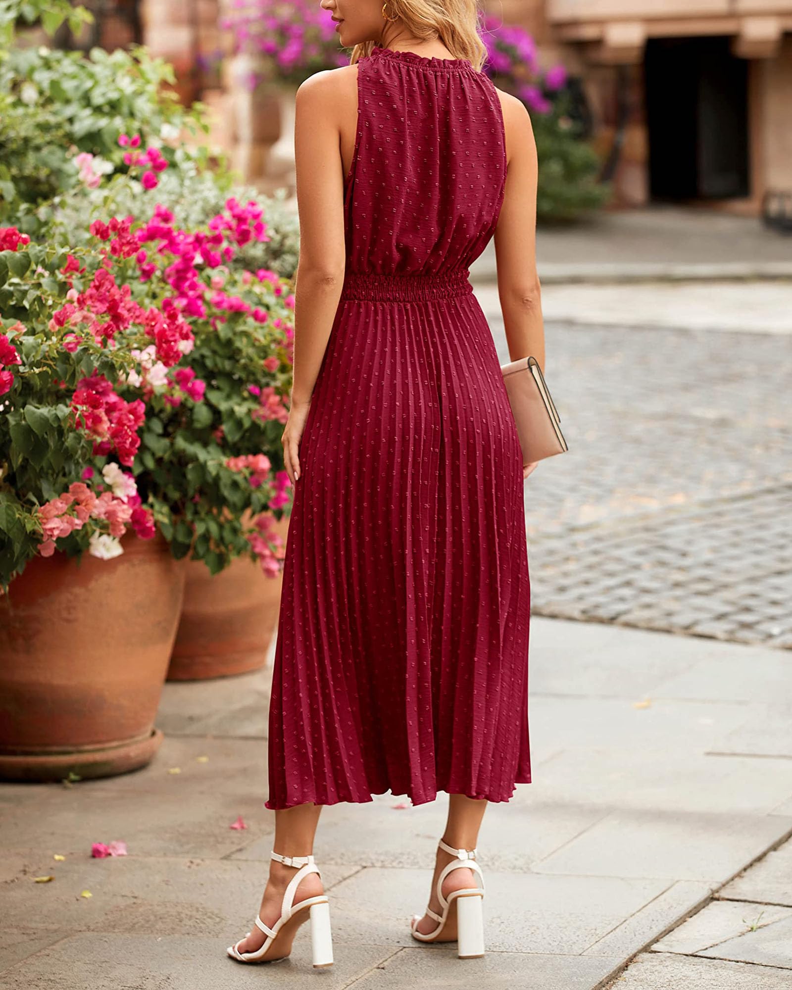 Vestidos Verano Mujer Sin Mangas Vestido Largo Cuello en V Elegante Dress Volante de Lunares Suizos Elástica Cintura Alta Casual
