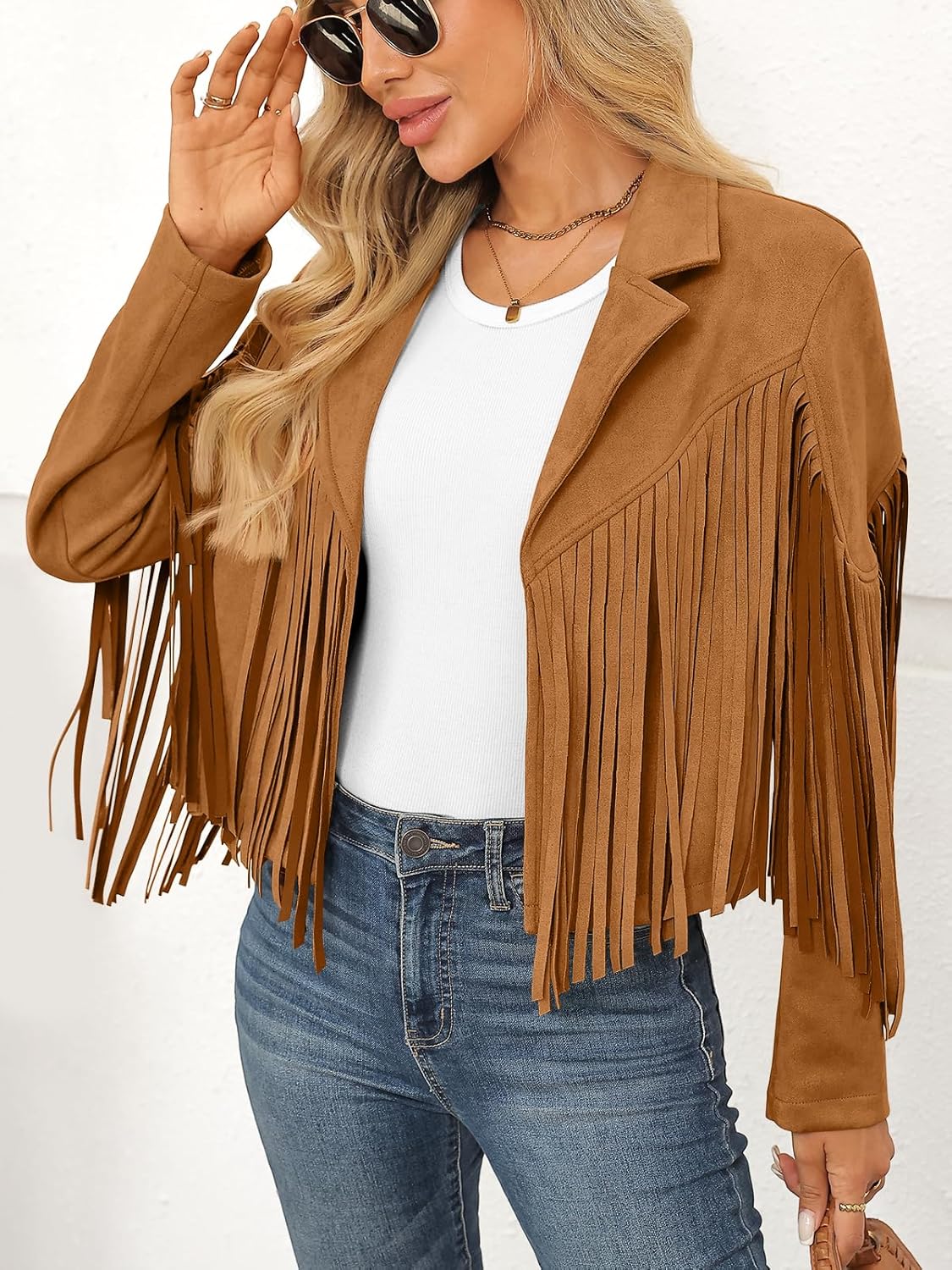 LILLUSORY Womens Cropped Fringe Faux Suede Leather Fall Jackets Western Cowgirl Country Concert Outfits - Image 3