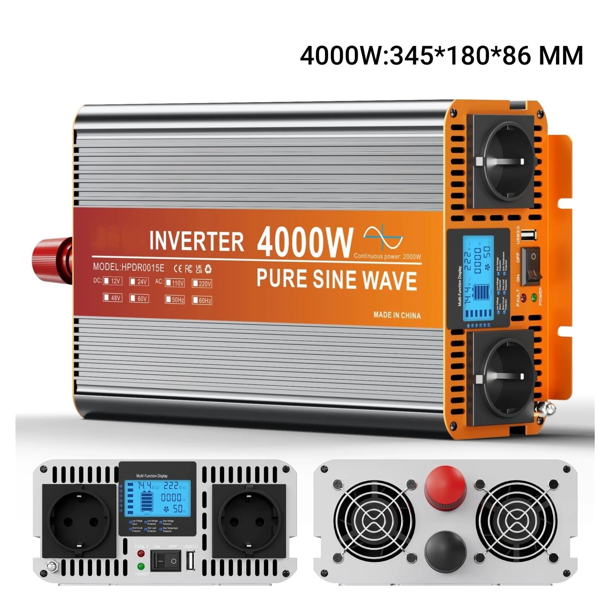 Power Inverter Inversor Corriente Inversor Corriente para Coche 3000W A 7000W Convertidor 12V/24V A 220V CA con Dos Enchufes UE Y USB Ideal para Camping Autocaravanas Y Emergencias.(12V,4000W)