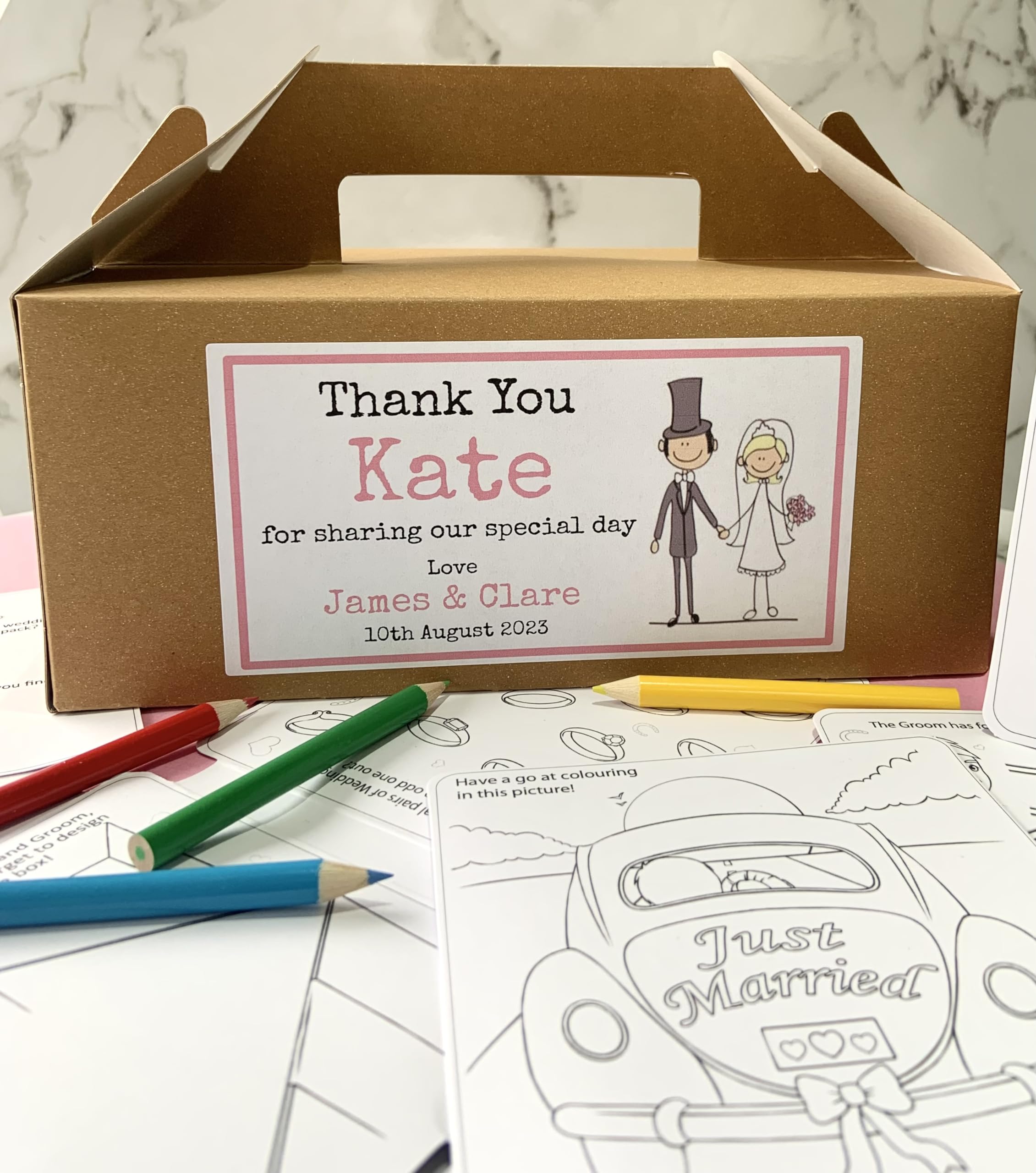 Personalised Children's Wedding Activity Large Kraft Brown Box - with activity pack, pencils & tissue paper