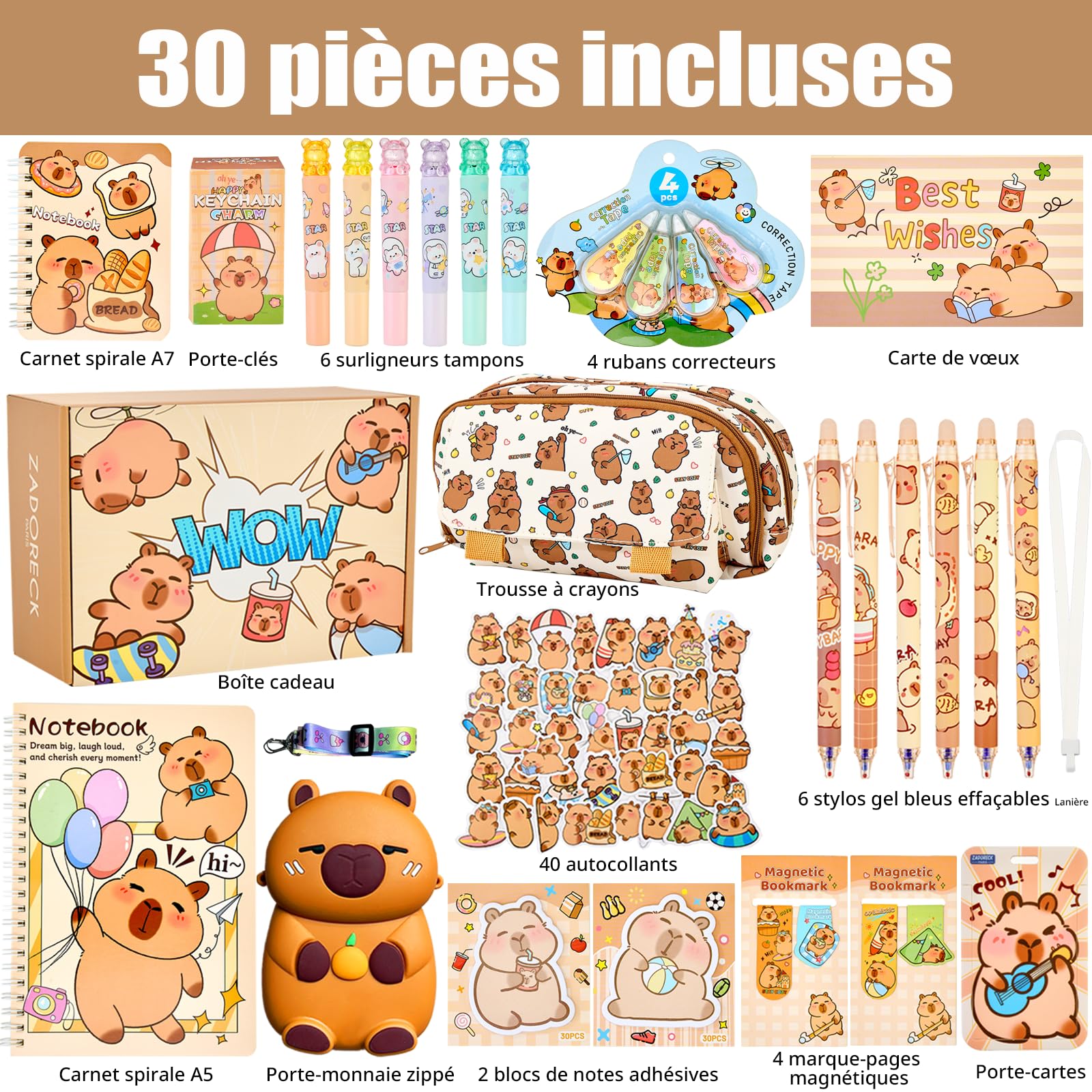 Capybara Ensemble Complet Fournitures Scolaires 30 Pièces Trousse Cadeau Fille Garçon 4-15 Ans