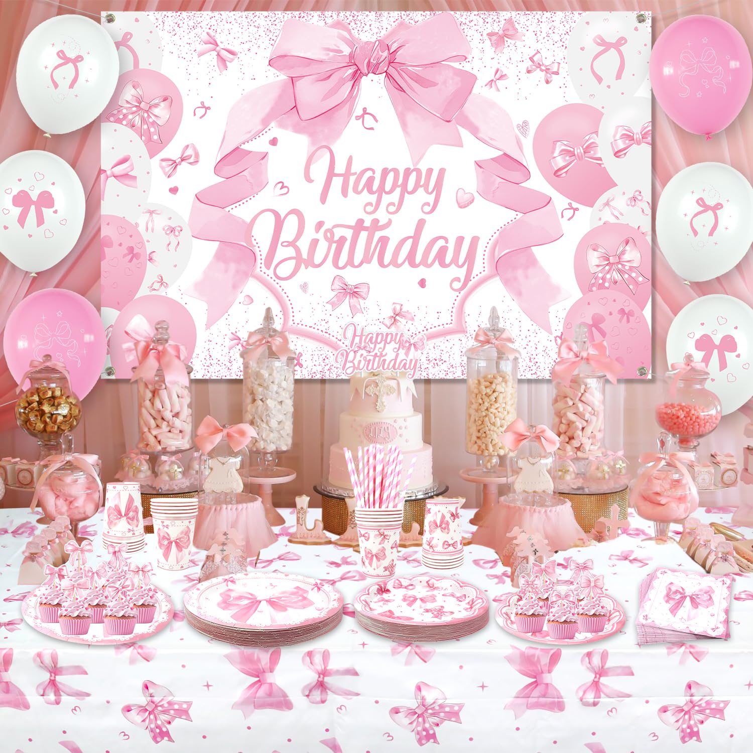 Kit Vaisselle Fête Nœud Rose Pour 20 Personnes – Assiettes, Gobelets, Serviettes, Nappe & Pailles Coquette