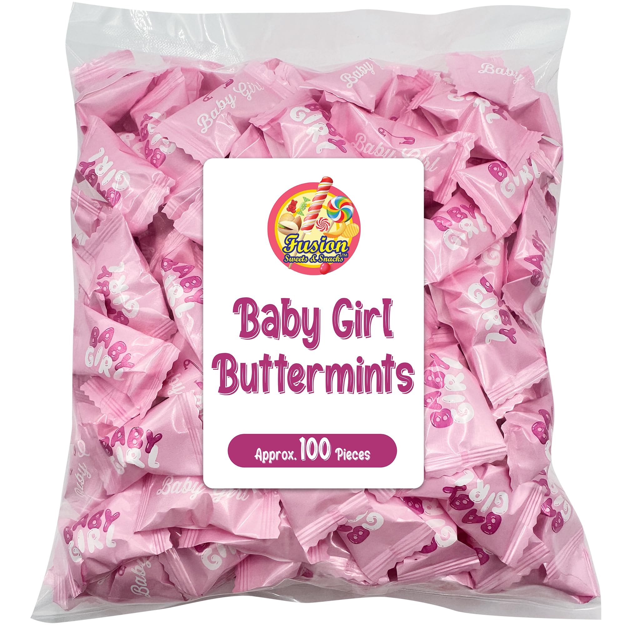 Baby Girl Buttermints - 100 unidades - Caramelos rosas para baby shower - Caramelos de baby shower - Perfecto para fiestas de revelación de género, bolsas de golosinas de hospital, fiesta de